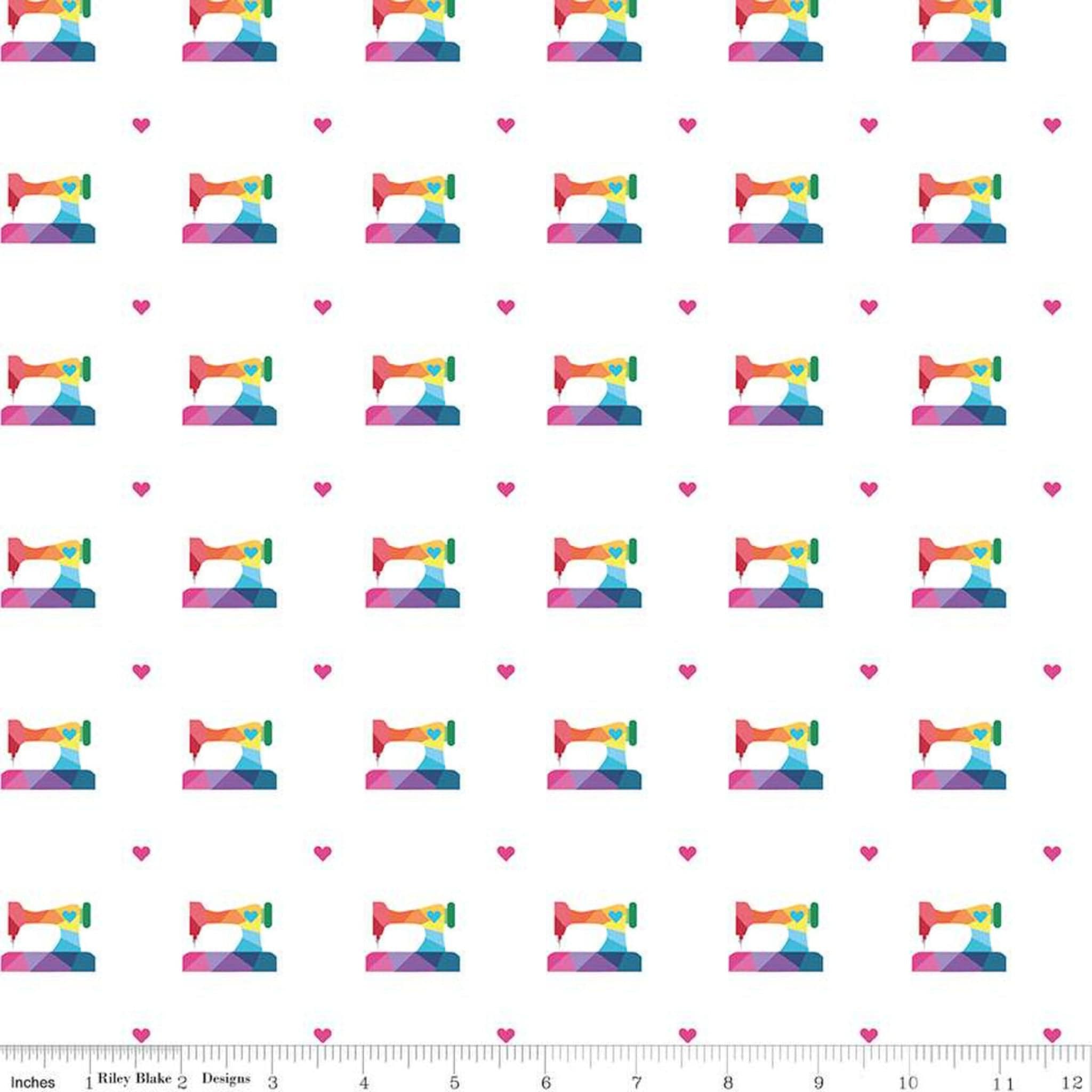 Fabric Rainbow sewing machines on white cotton fabric - Make - Riley Blake