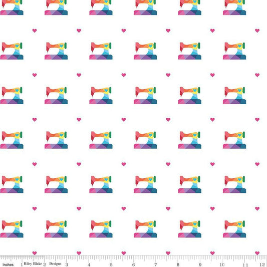 Fabric Rainbow sewing machines on white cotton fabric - Make - Riley Blake