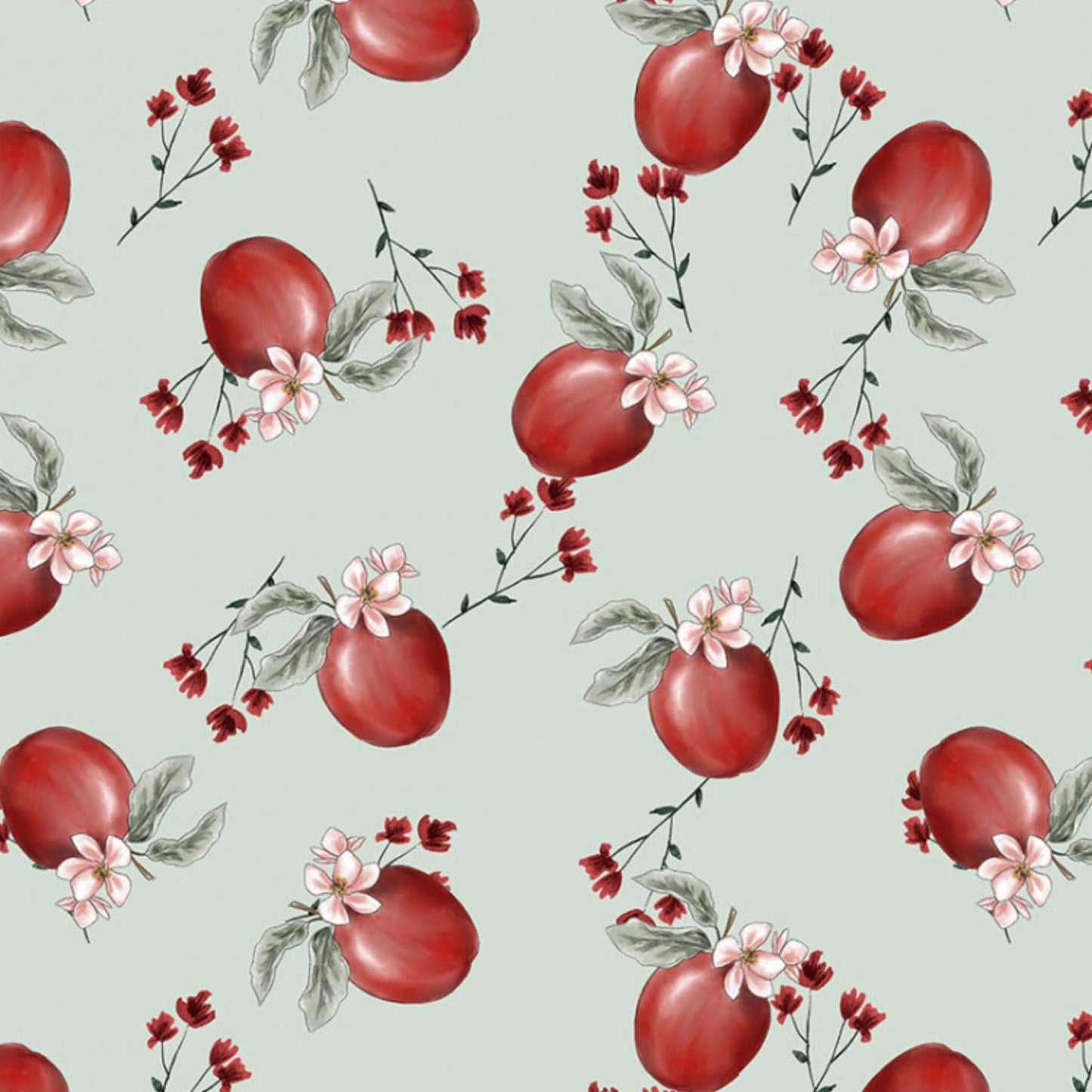 Fabric Red apples on green/blue wide cotton fabric - FabricArt