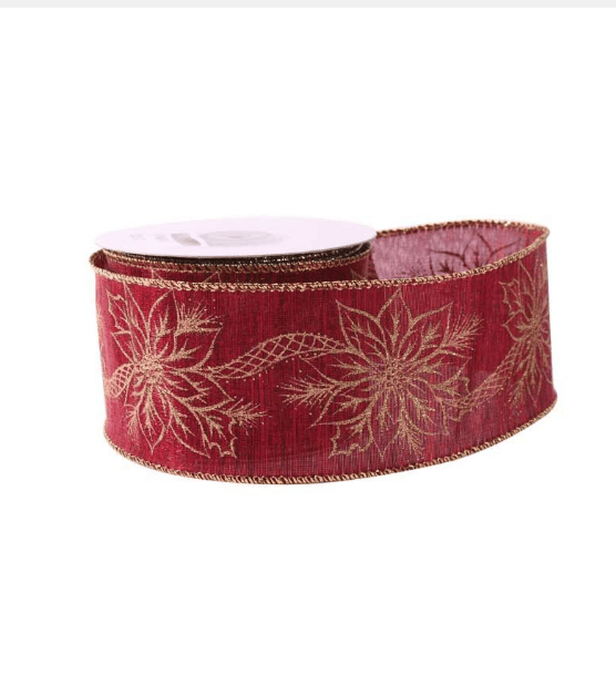 Red Poinsetta wire edge ribbon 63mm