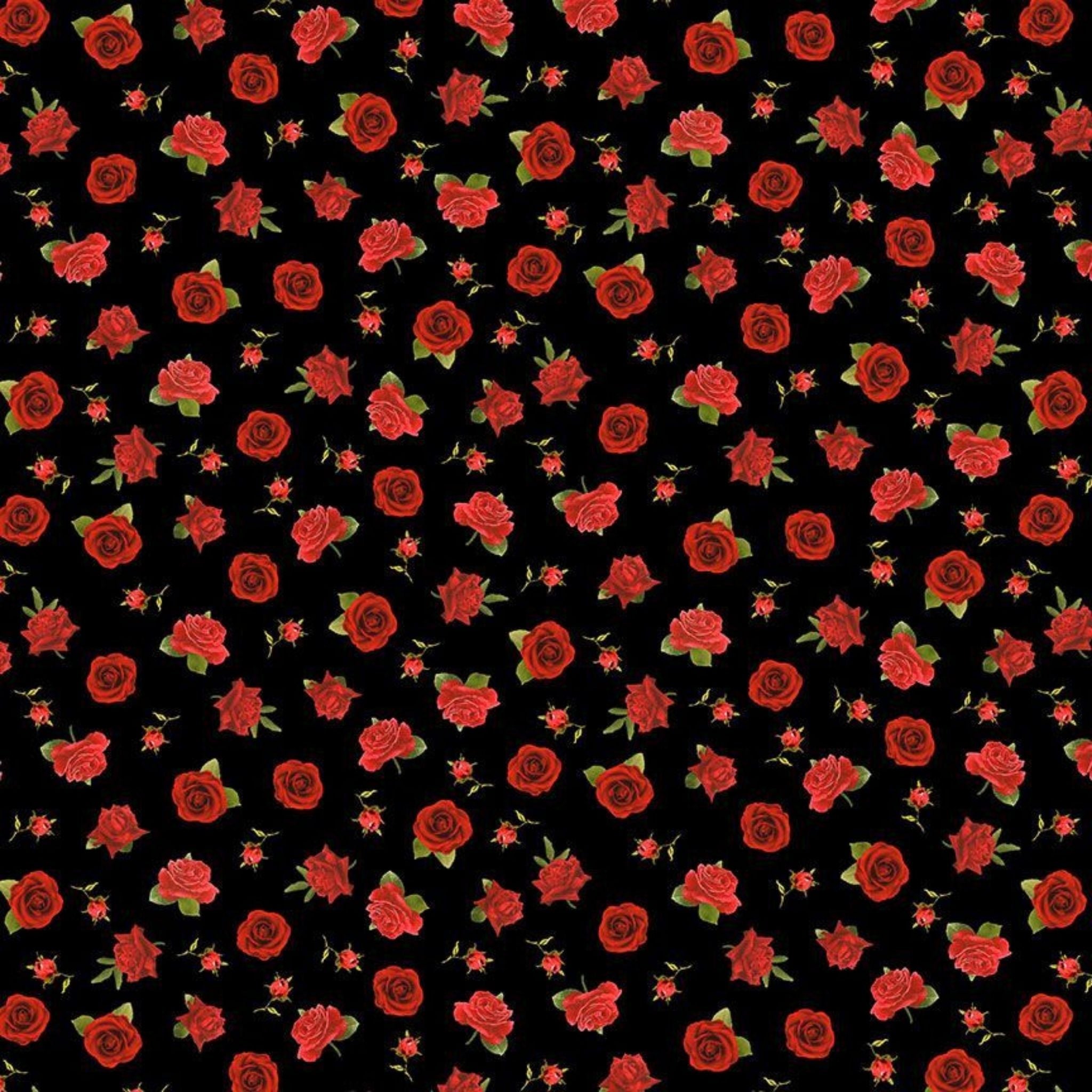 Red roses on black cotton fabric - Vintage Rose by Timeless Treasures
