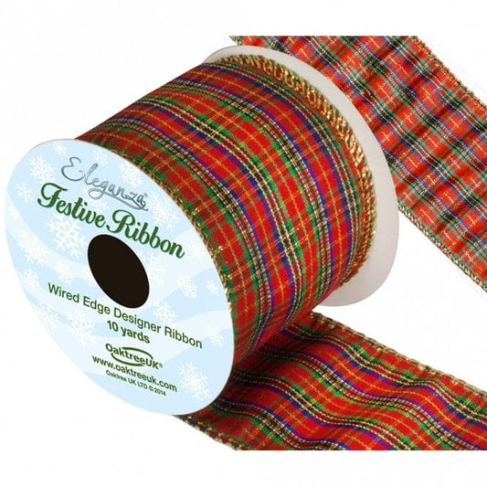 Red tartan wire edge ribbon 63mm