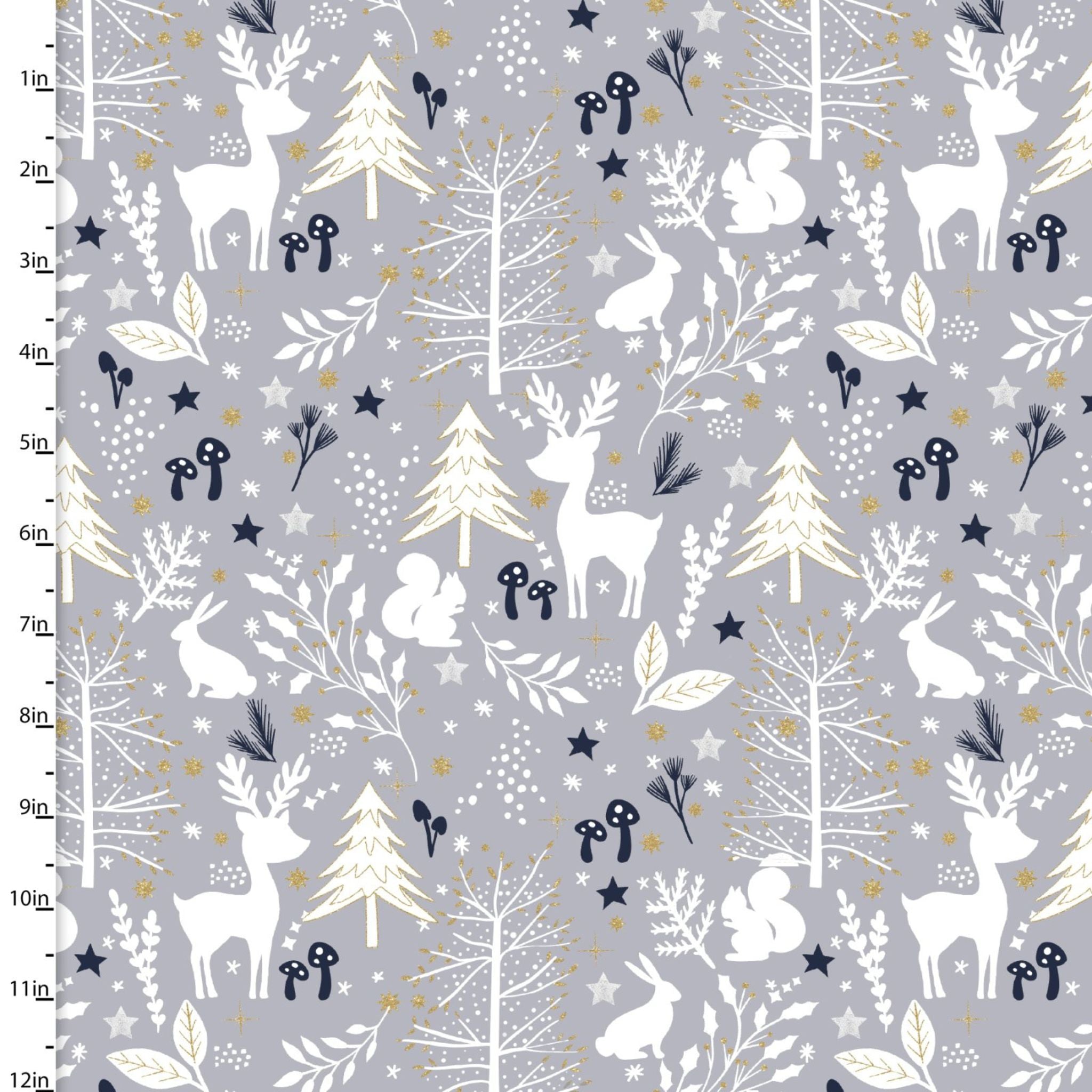 White reindeer, fir trees, hares and squirrels on a grey cotton fabric with gold accents - Majestic Winter by 3 Wishes