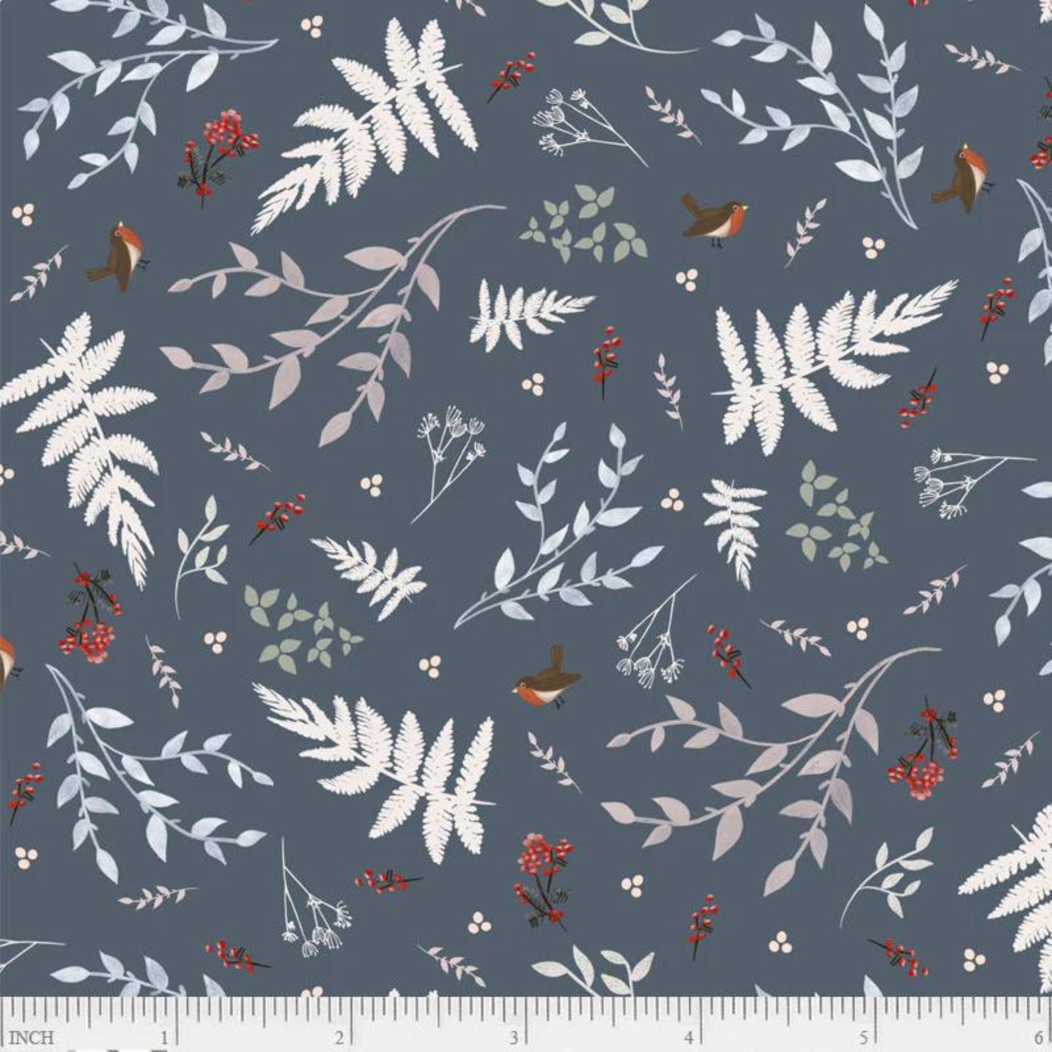 Tiny little robins with white foliage and berries on a deep petrol blue fabric - Fawn'd of You by P & Be Textiles