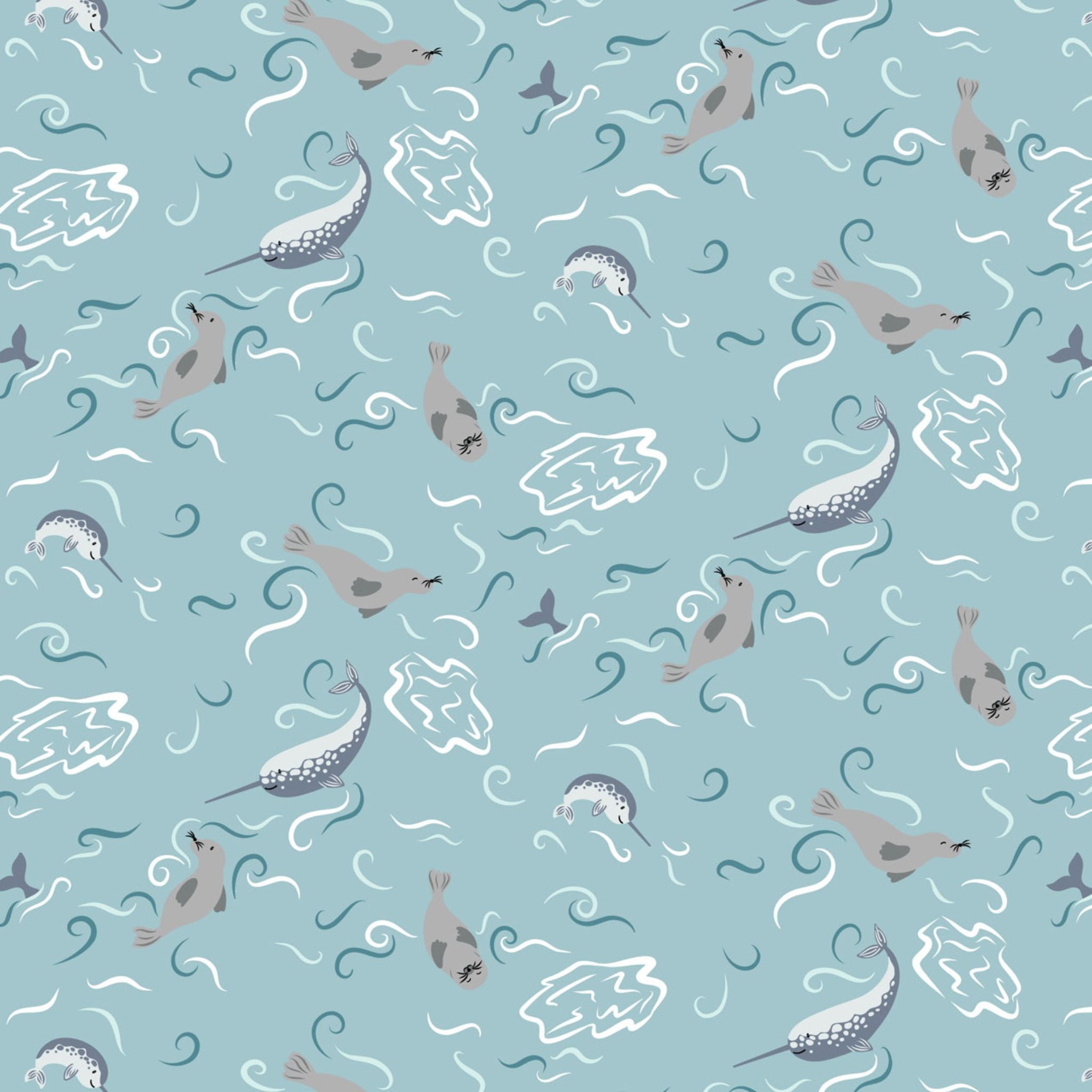 Seals and narwhals on arctic blue cotton - Arctic Adventure by Lewis and Irene