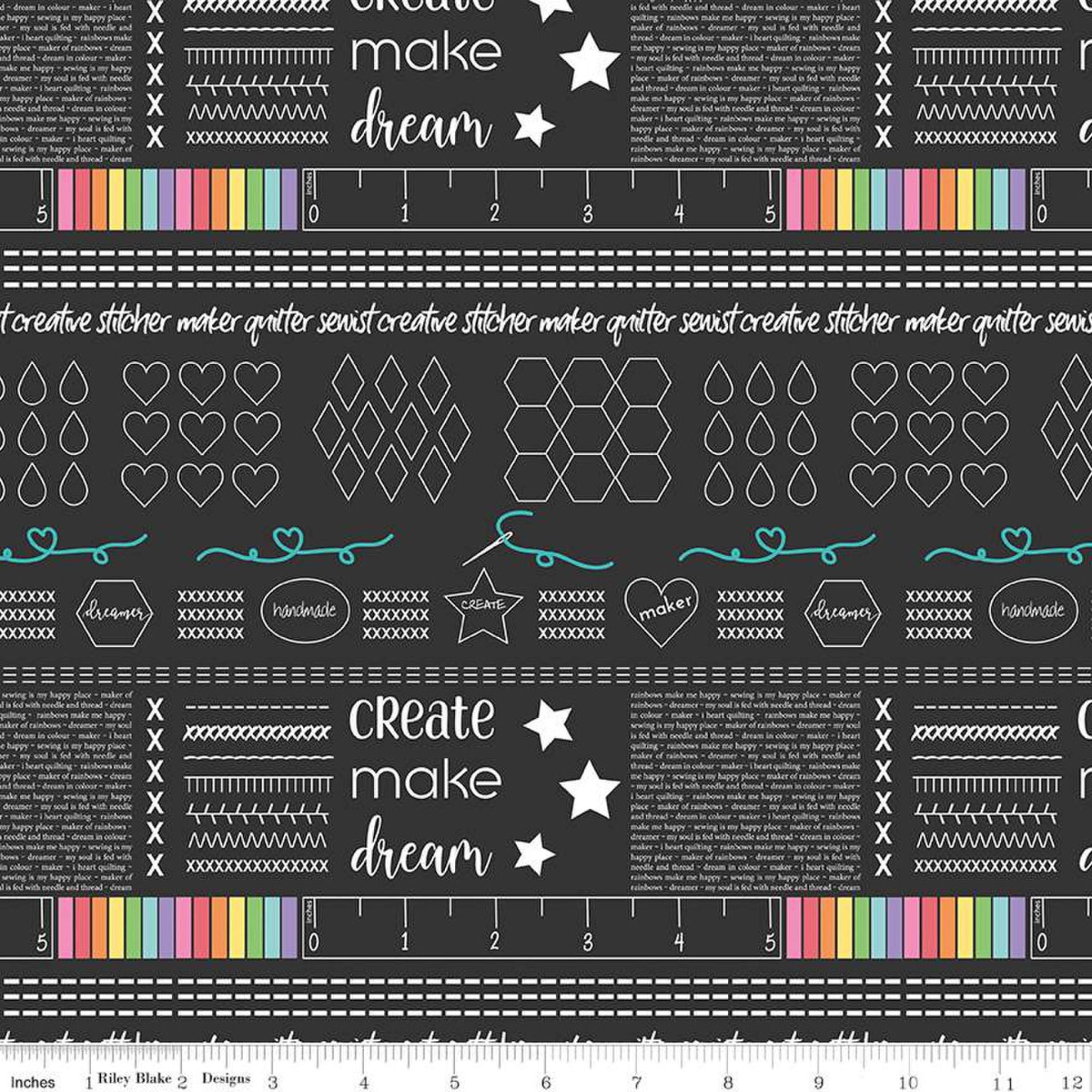 Create, make, dream black sewing theme fabric - Make by Riley Blake