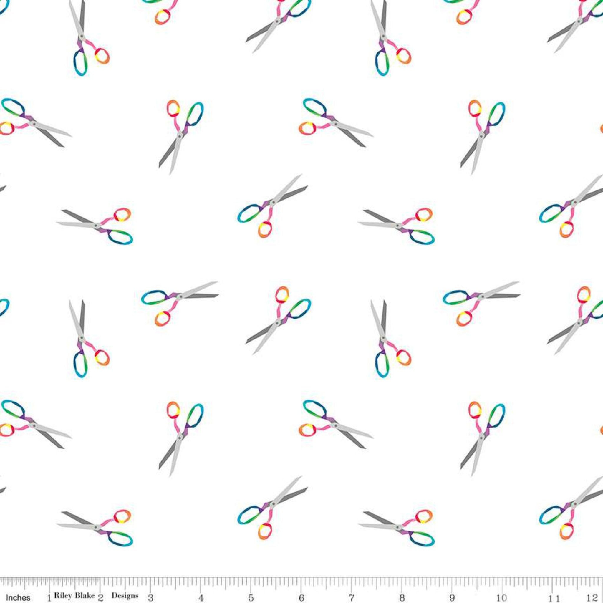 Rainbow sewing scissors on white cotton fabric - Make by Riley Blake