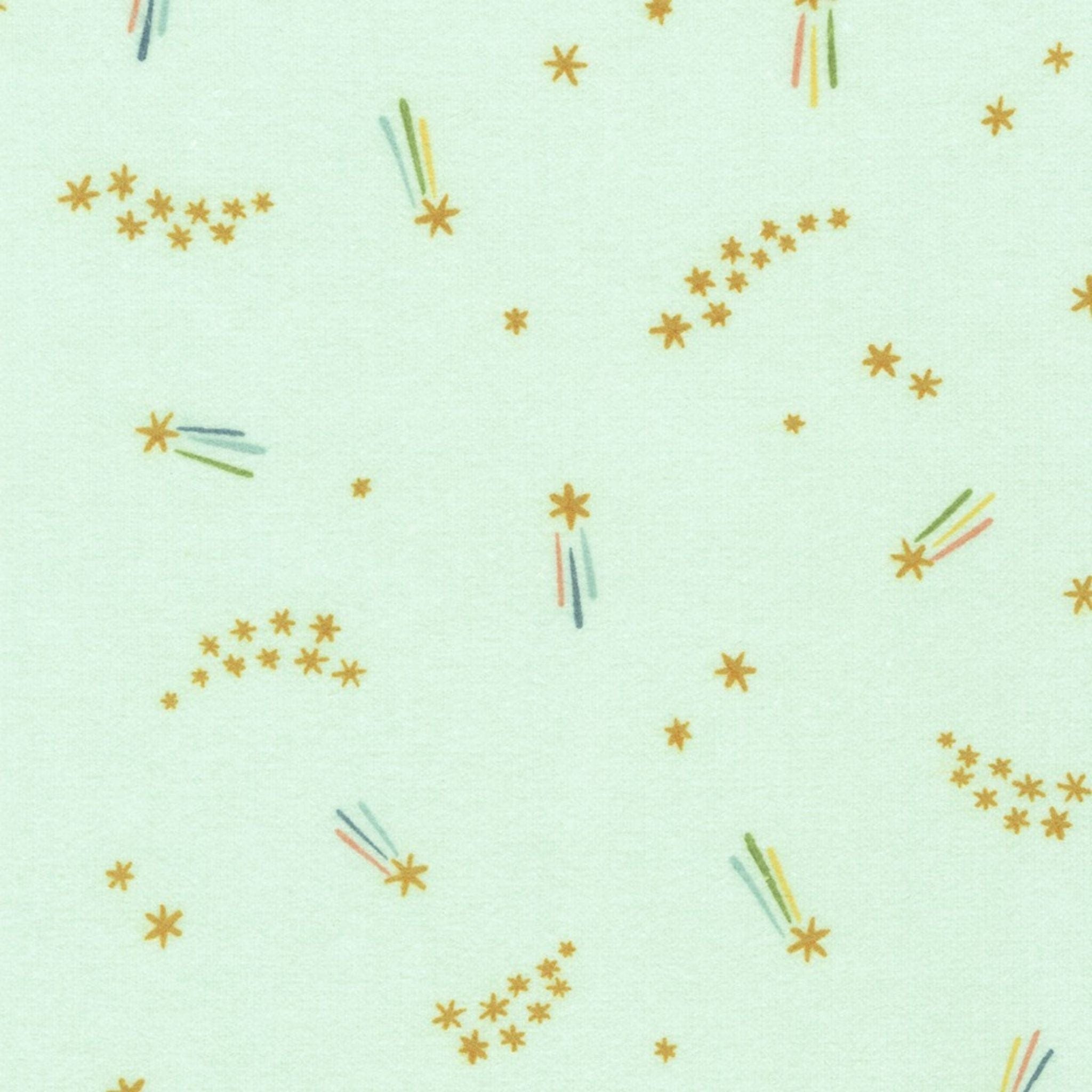 Fabric Shooting stars on green brushed cotton flannel - Over the Moon Cozy Cotton - Robert Kaufman