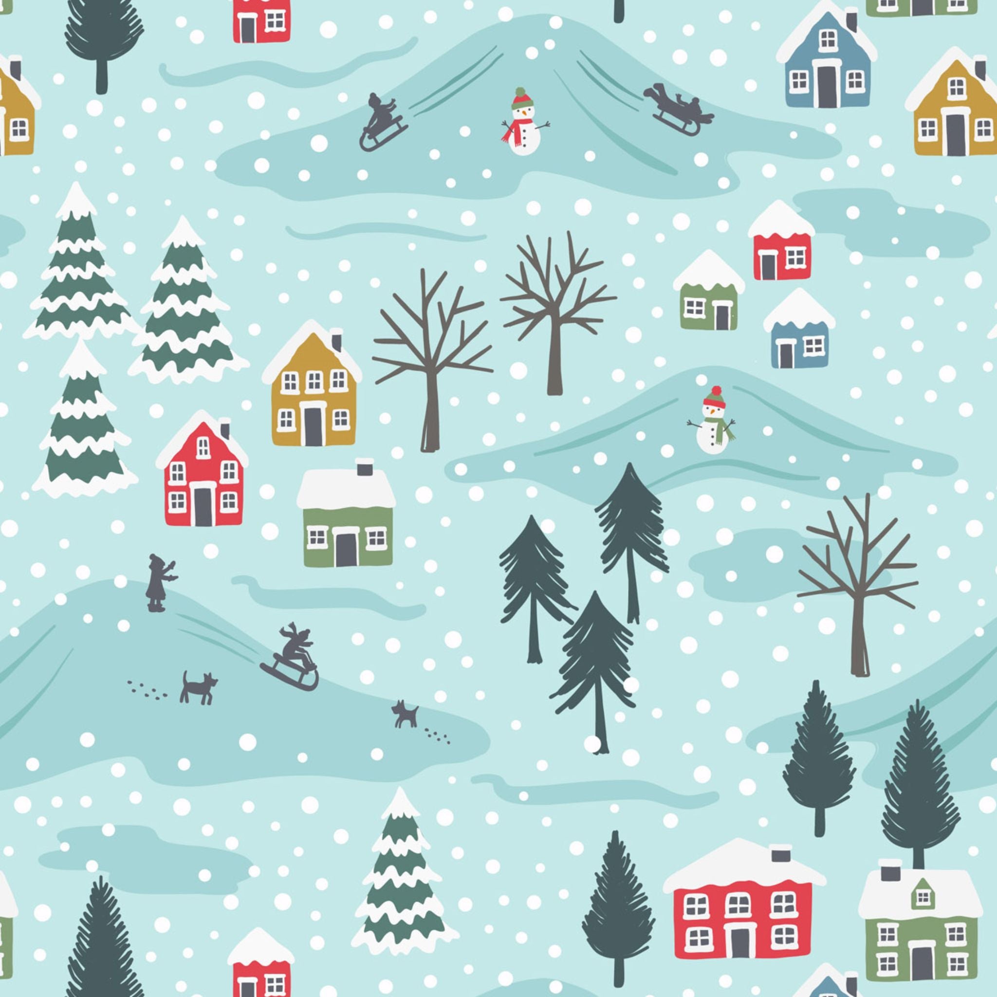 snowy village on blue cotton flannel - Snow Day by Lewis and Irene