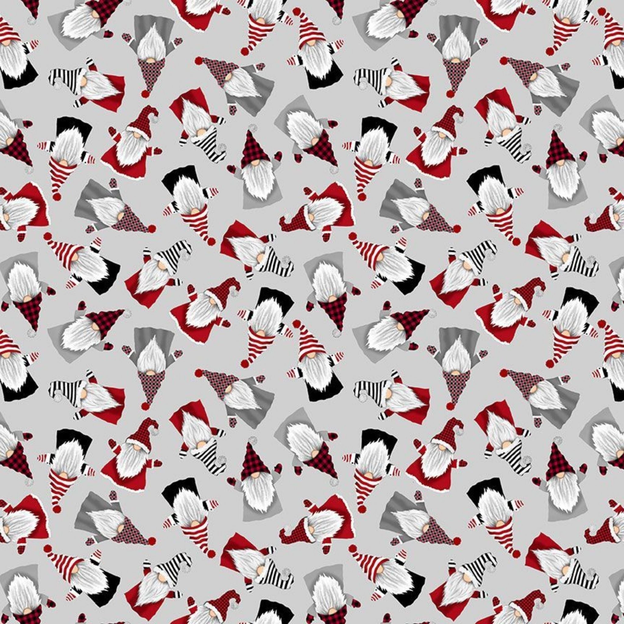 mini gnomes in red, grey, white and black on grey cotton fabric - Gnome for the holidays on Timeless Treasures