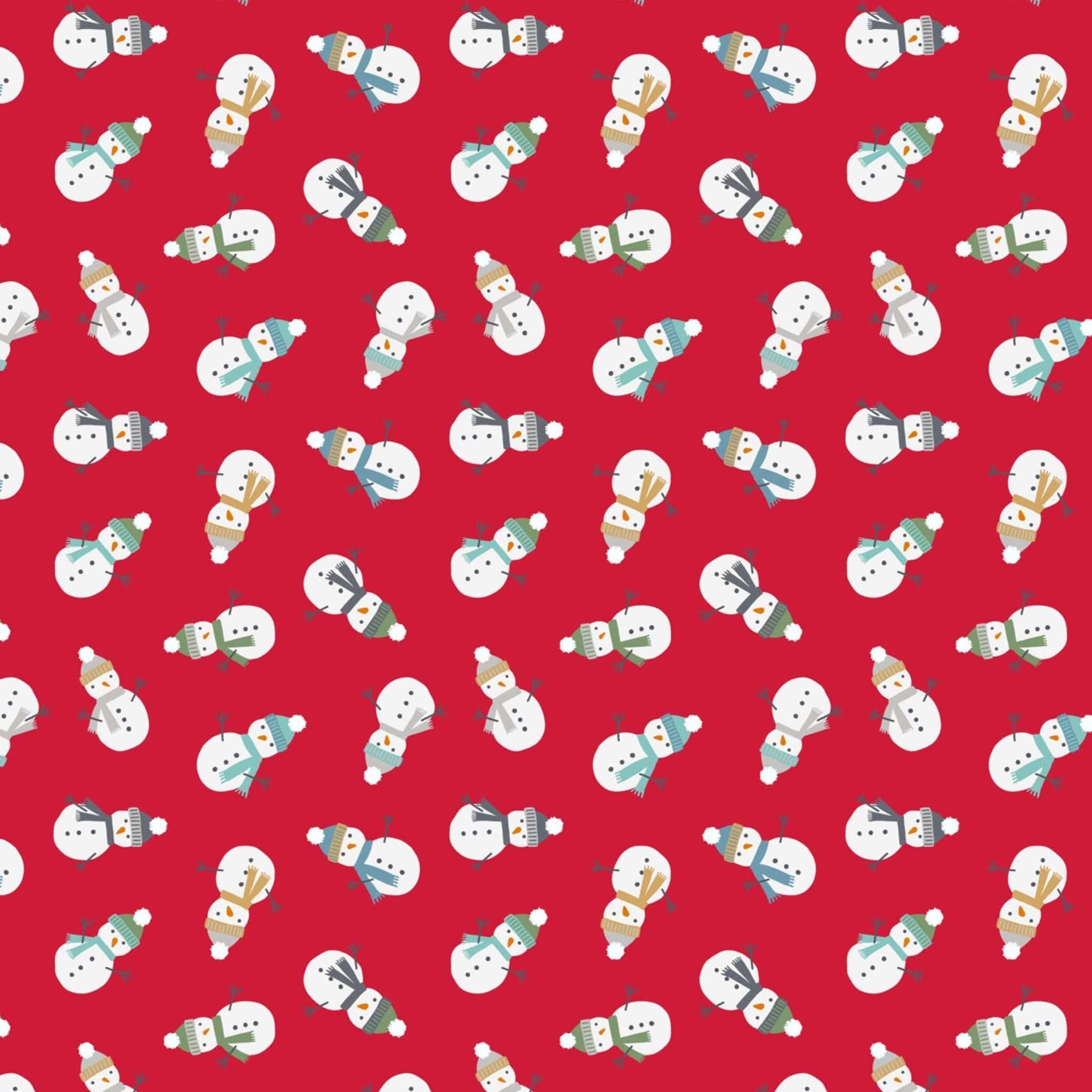 Fabric Snowmen on red brushed cotton flannel - Snow Day - Lewis & Irene