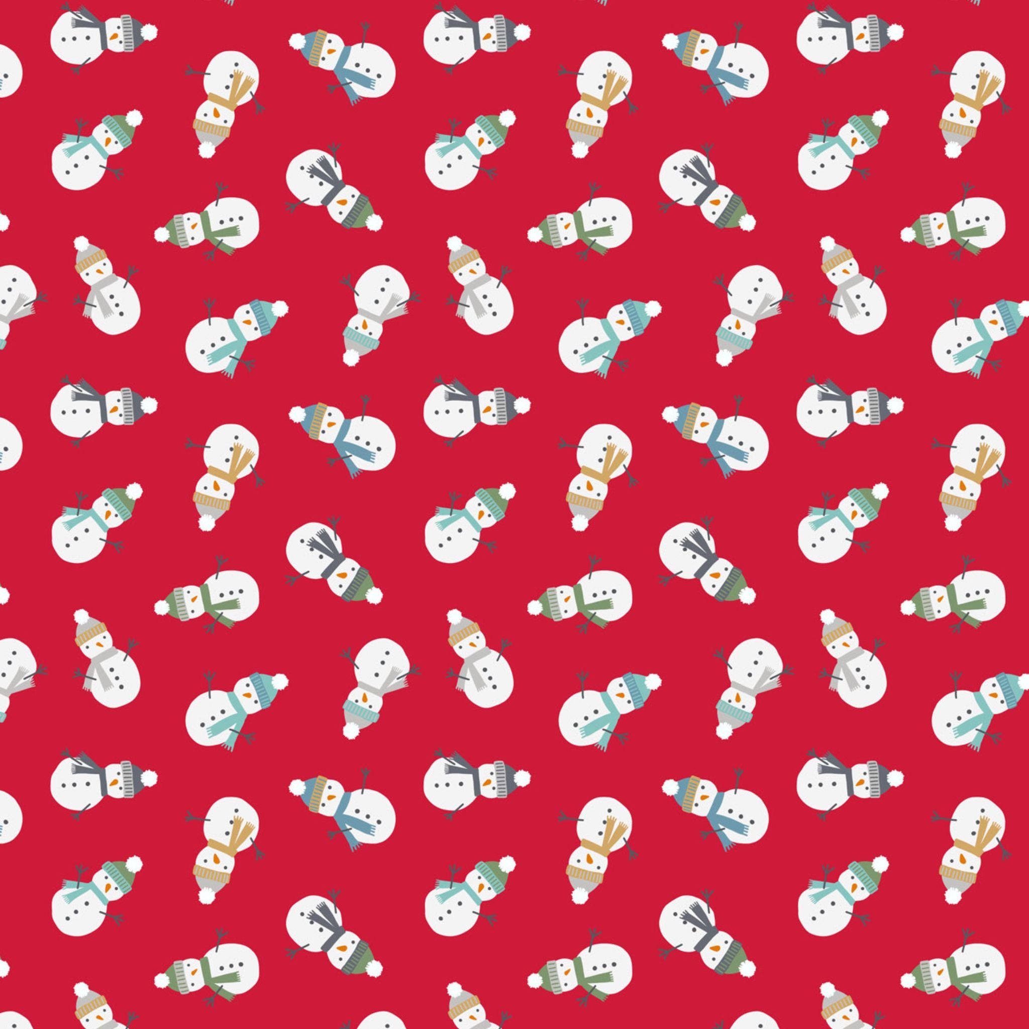 Scattered snowmen on red cotton flannel fabric - Snow Day by Lewis and Irene