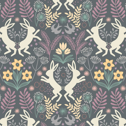 Fabric Spring Hare Reloved in grey cotton - Lewis & Irene