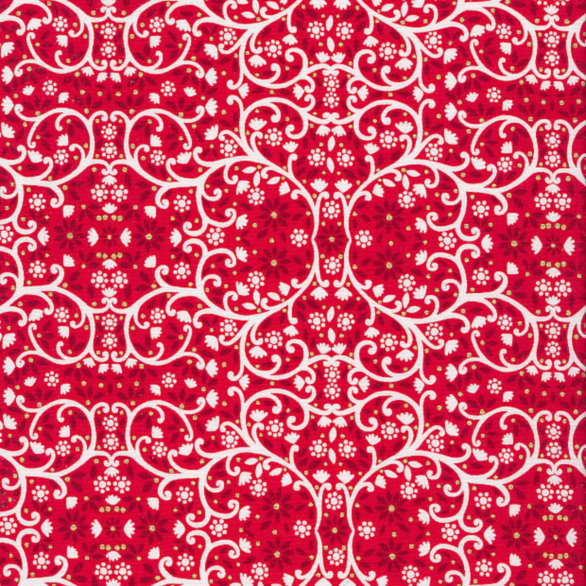 White winter vines on red cotton fabric with metallic - Starlit Hollow - Dashwood Studio