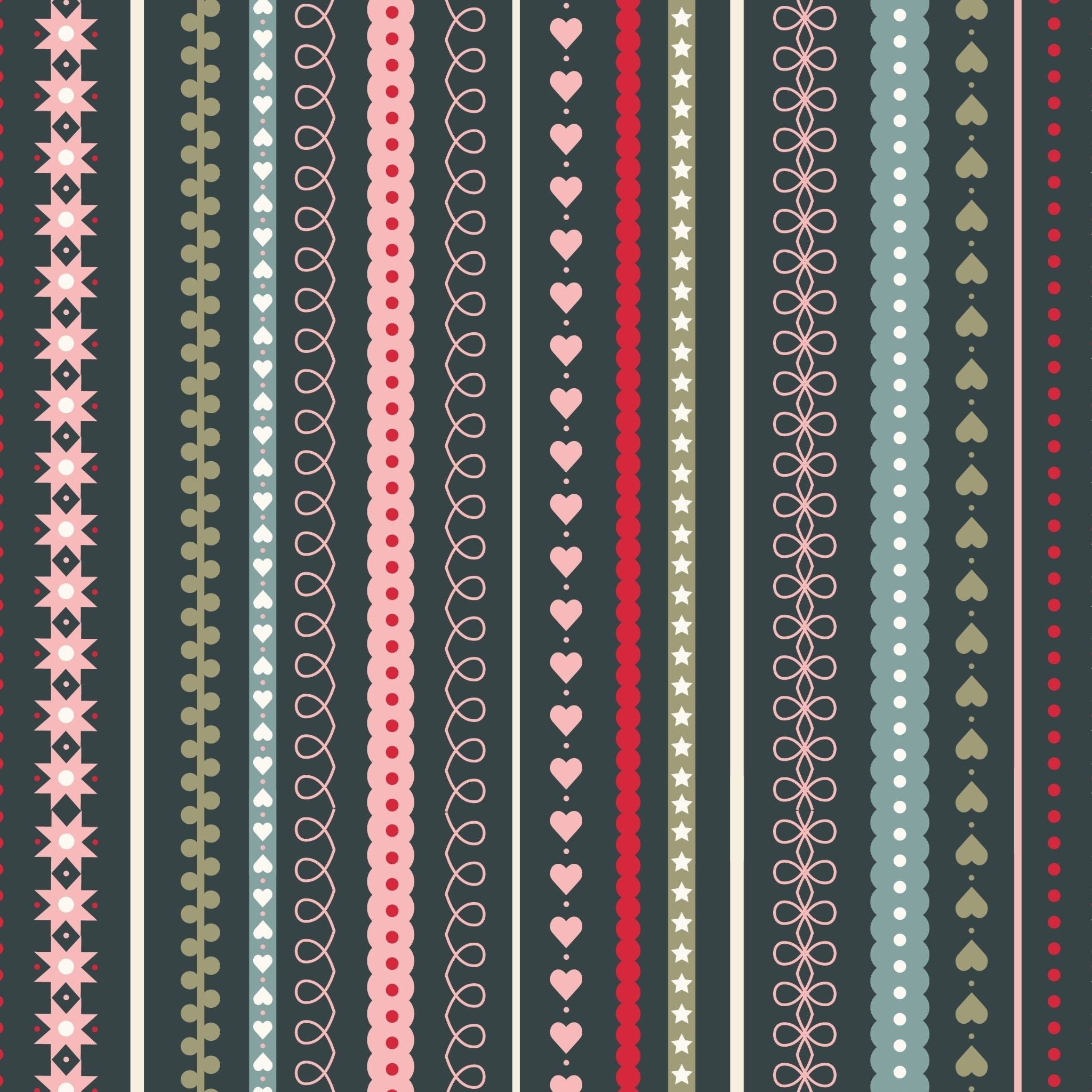 Christmas striped fabric with pink hearts and blue strips- Gingerbread Season by Lewis & Irene