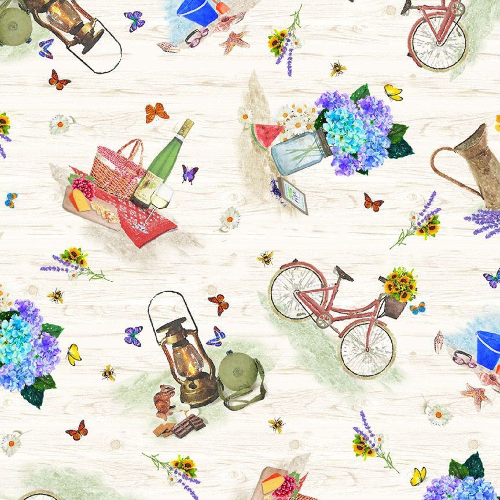 Fabric Summer picnic on cream cotton fabric - Row - Timeless Treasures