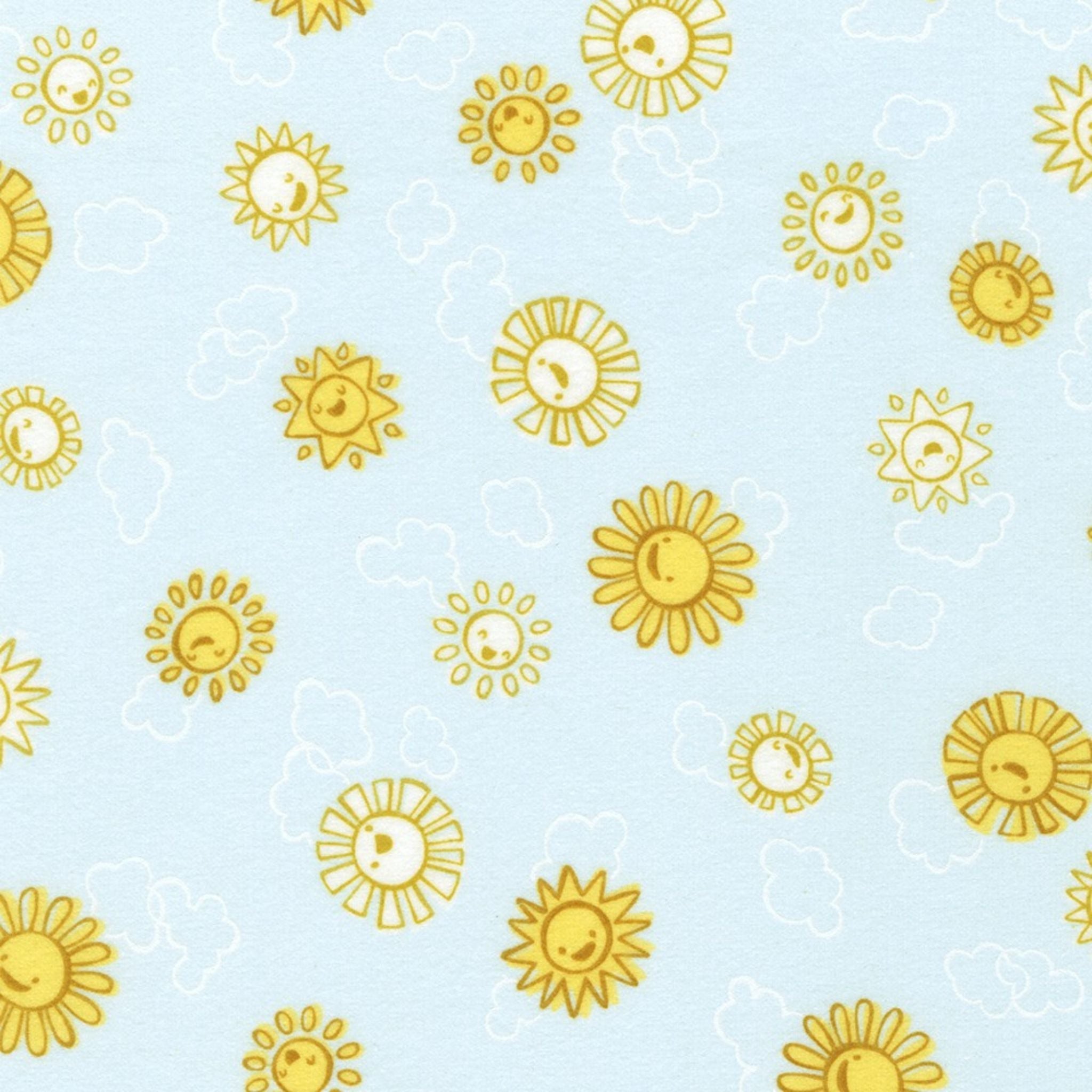 smiling sun faces on pale blue brushed cotton fabric - Over the Rainbow Cozy Cotton by Robert Kaufman