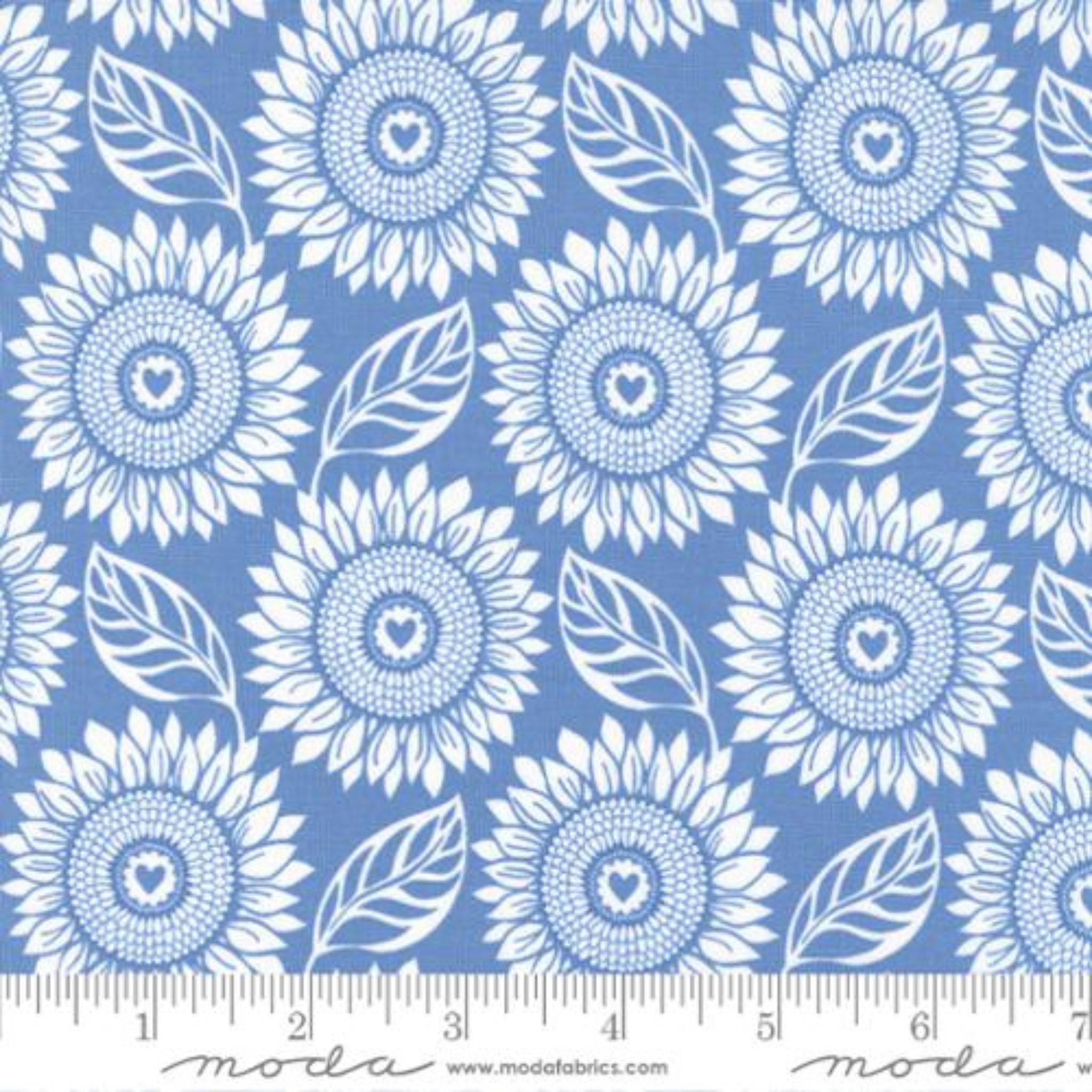 White sunflowers on light blue cotton fabric - Sunflowers in my Heart - Moda