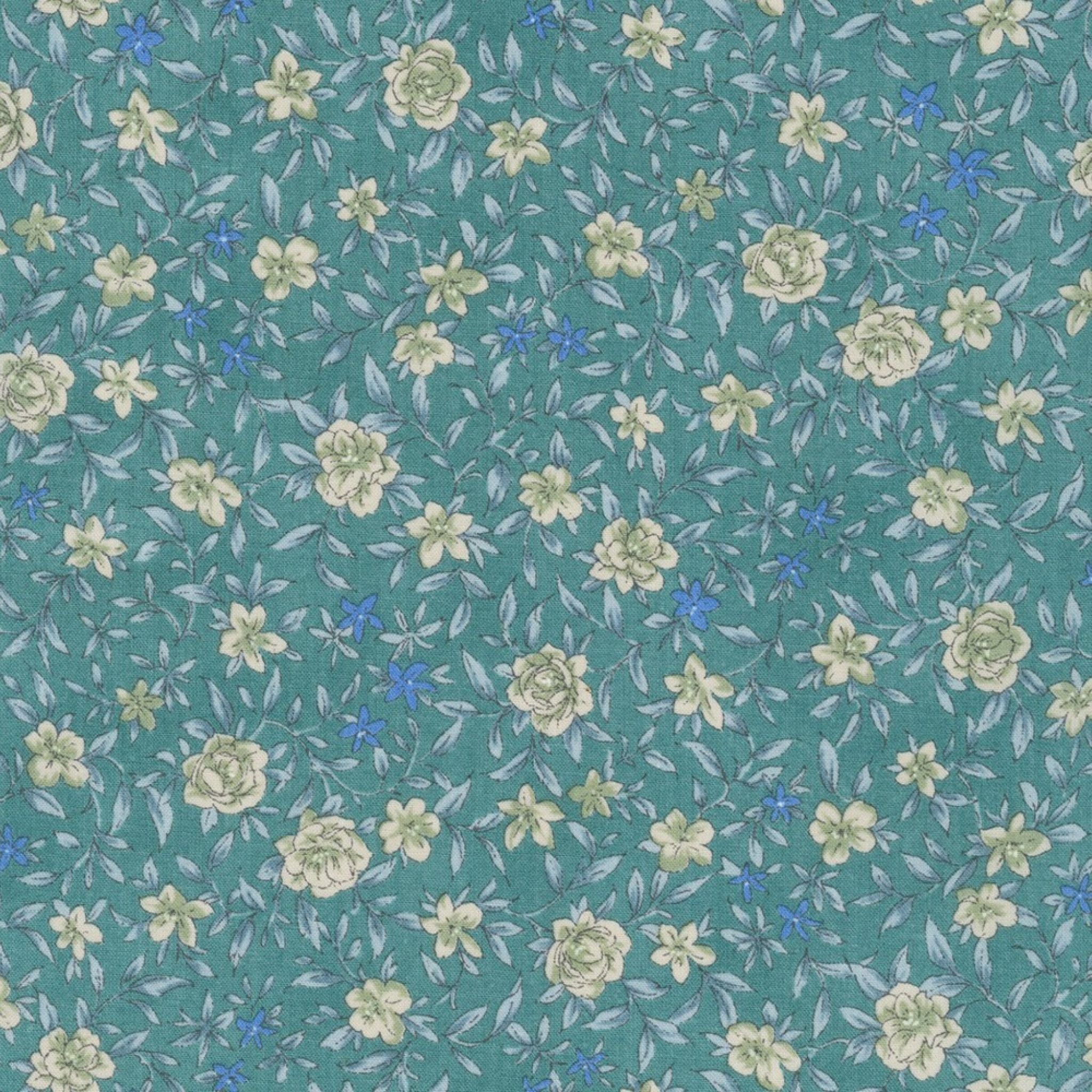Teal cotton lawn with small cream and blue flowers - Petite Nostalgis Lawn by Sevenberry