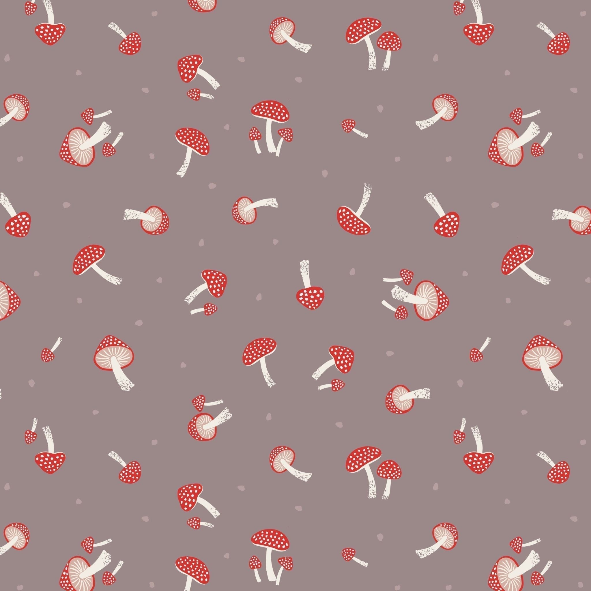 Toadstools on brown cotton fabric - Evergreen by Lewis and Irene