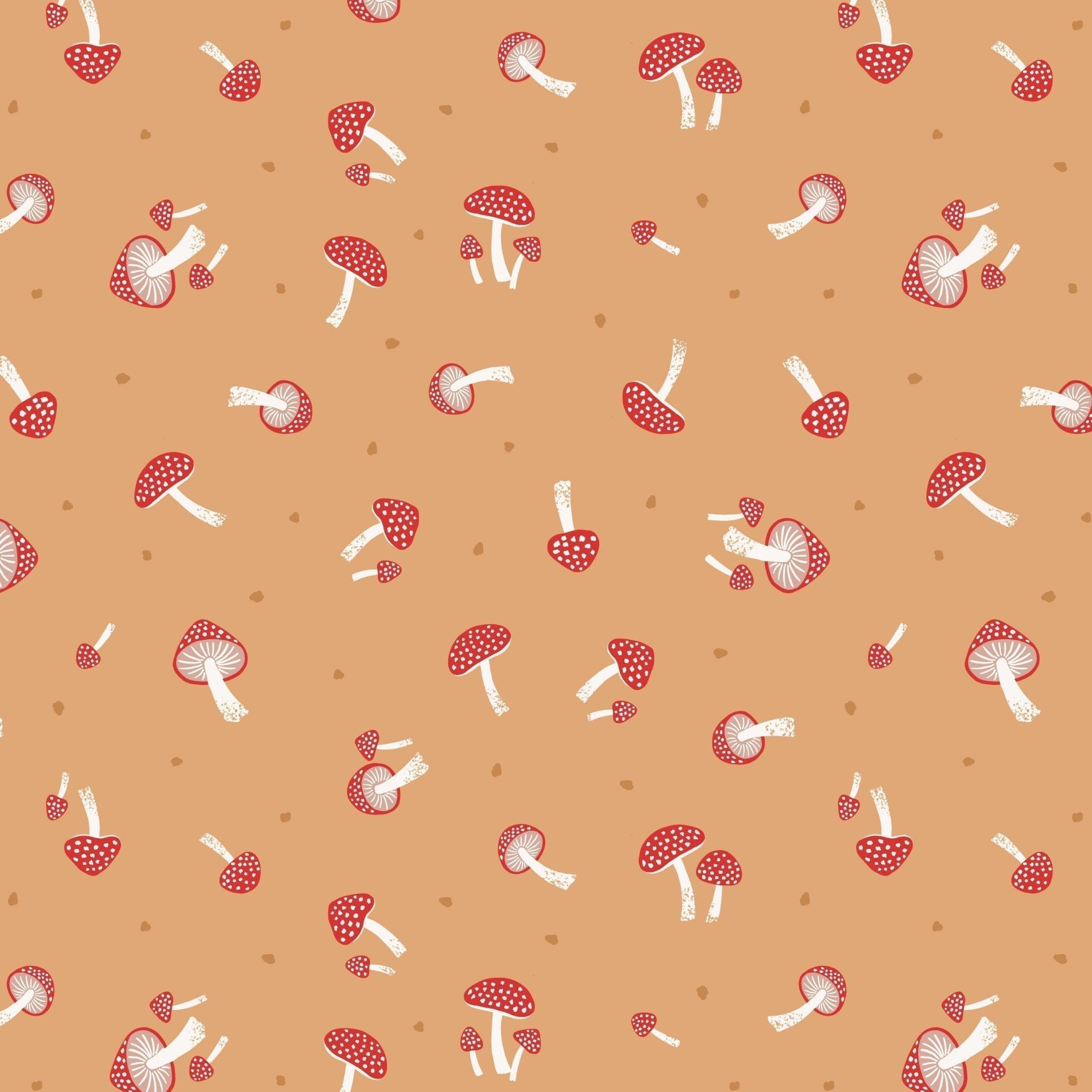 Toadstools on rust cotton fabric - Evergreen by Lewis and Irene