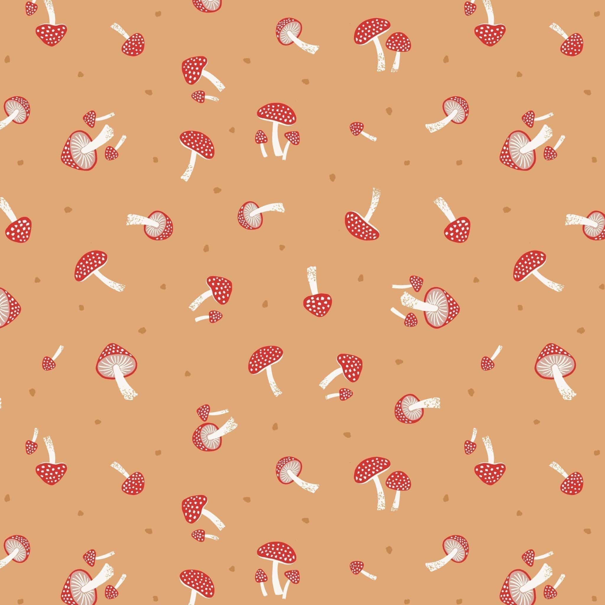 Fabric Toadstools on rust cotton fabric - Evergreen - Lewis & Irene