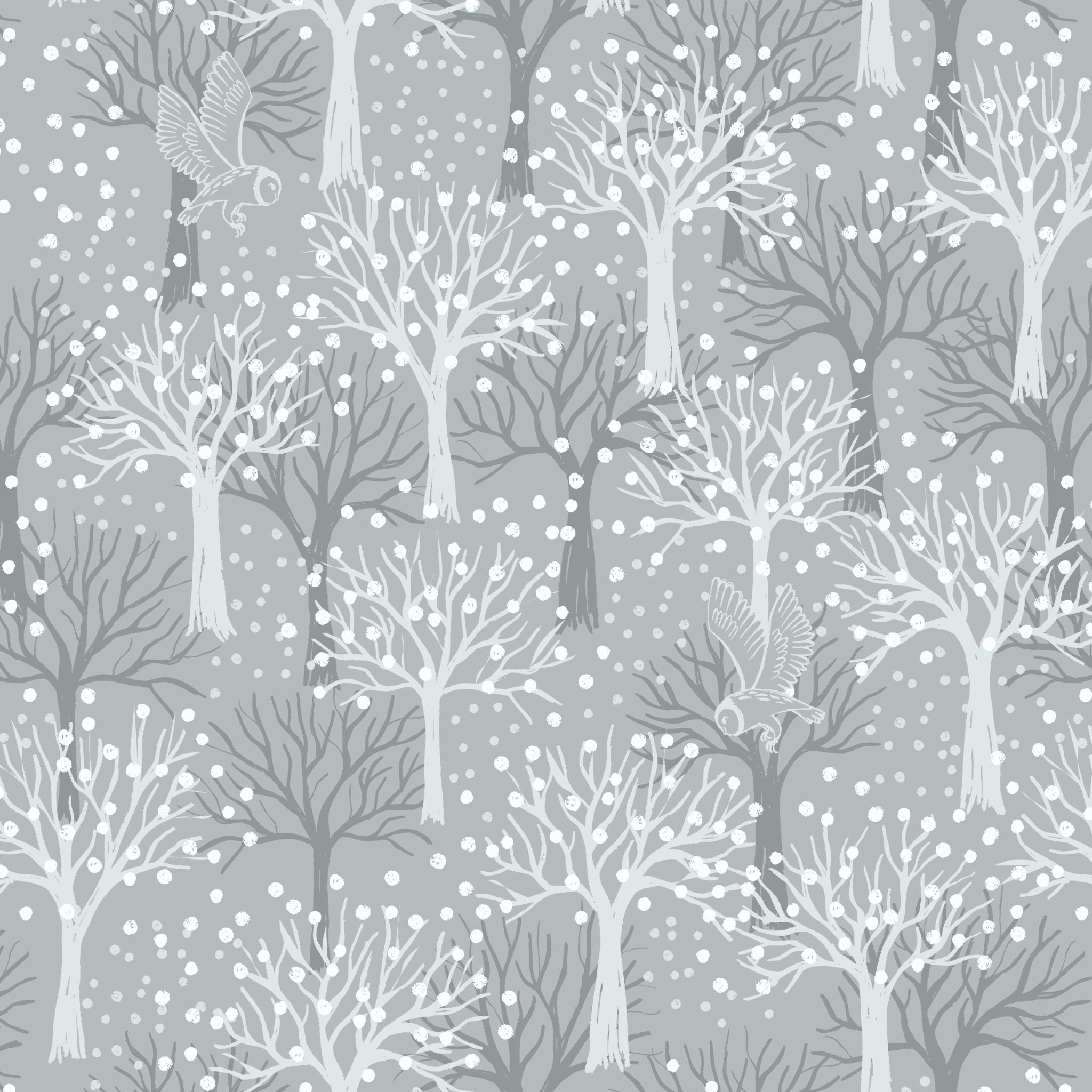 Winter trees on grey cotton - The Secret Winter Garden - Lewis & Irene