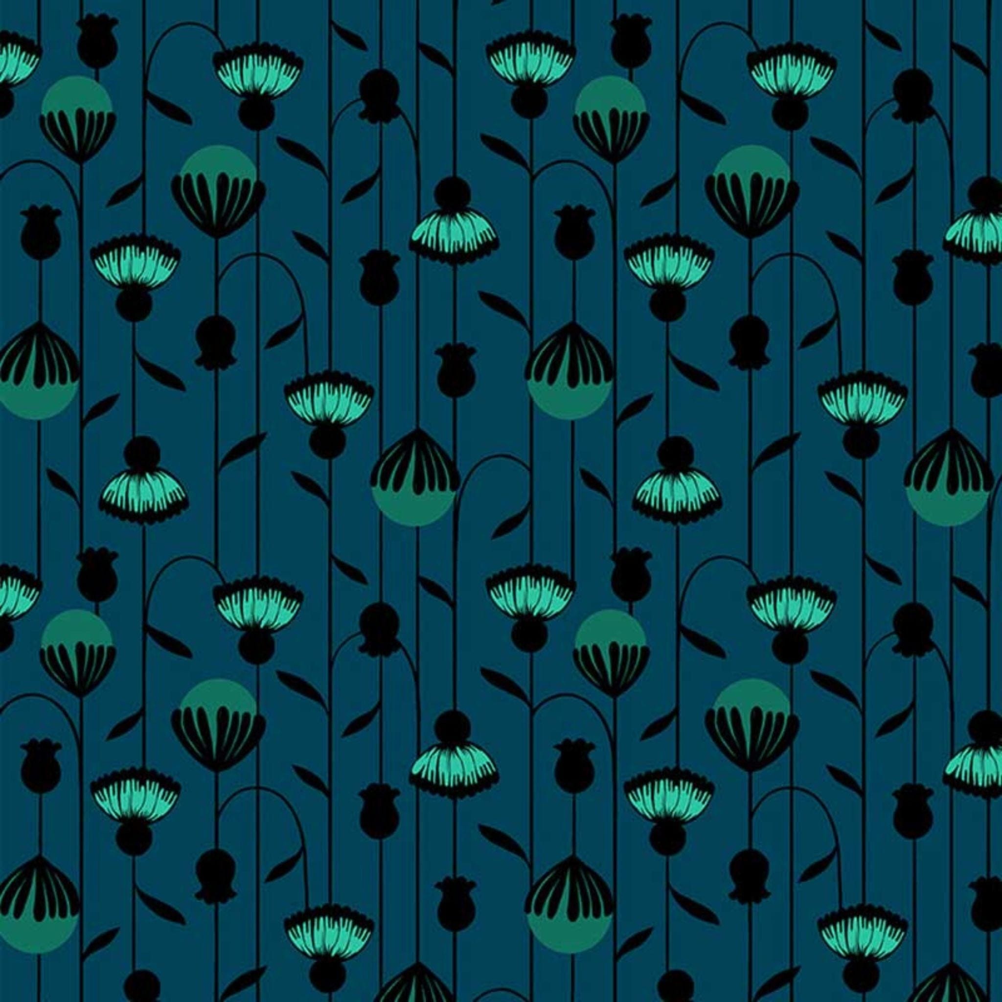 cotton fabric Turquoise flowers on teal  - Backyard - Moda - RS2084 14