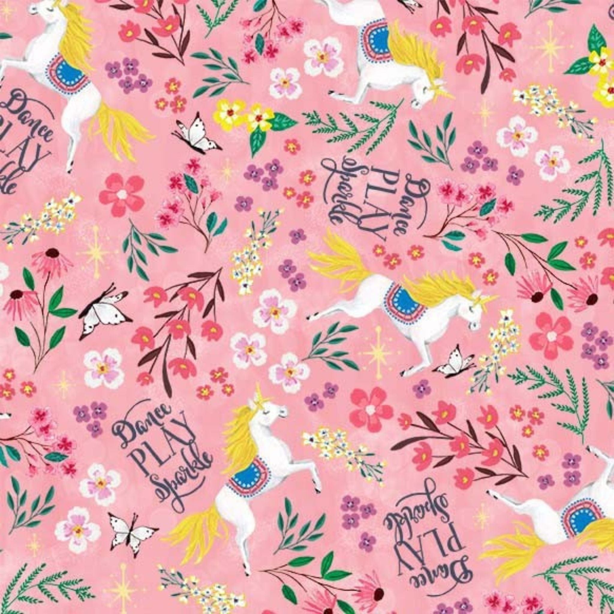 Fabric Unicorns on pink cotton fabric -Unicorn Dance- Michael Miller