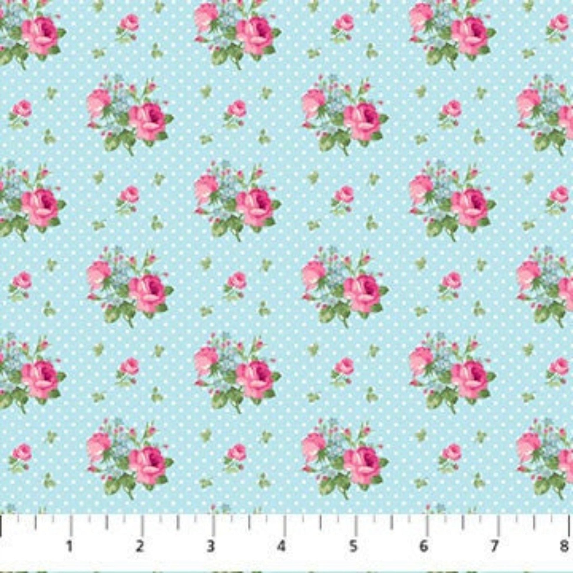 fabric Vintage style pink roses on a pale blue polka dot fabric - Tea for Two - Northcott