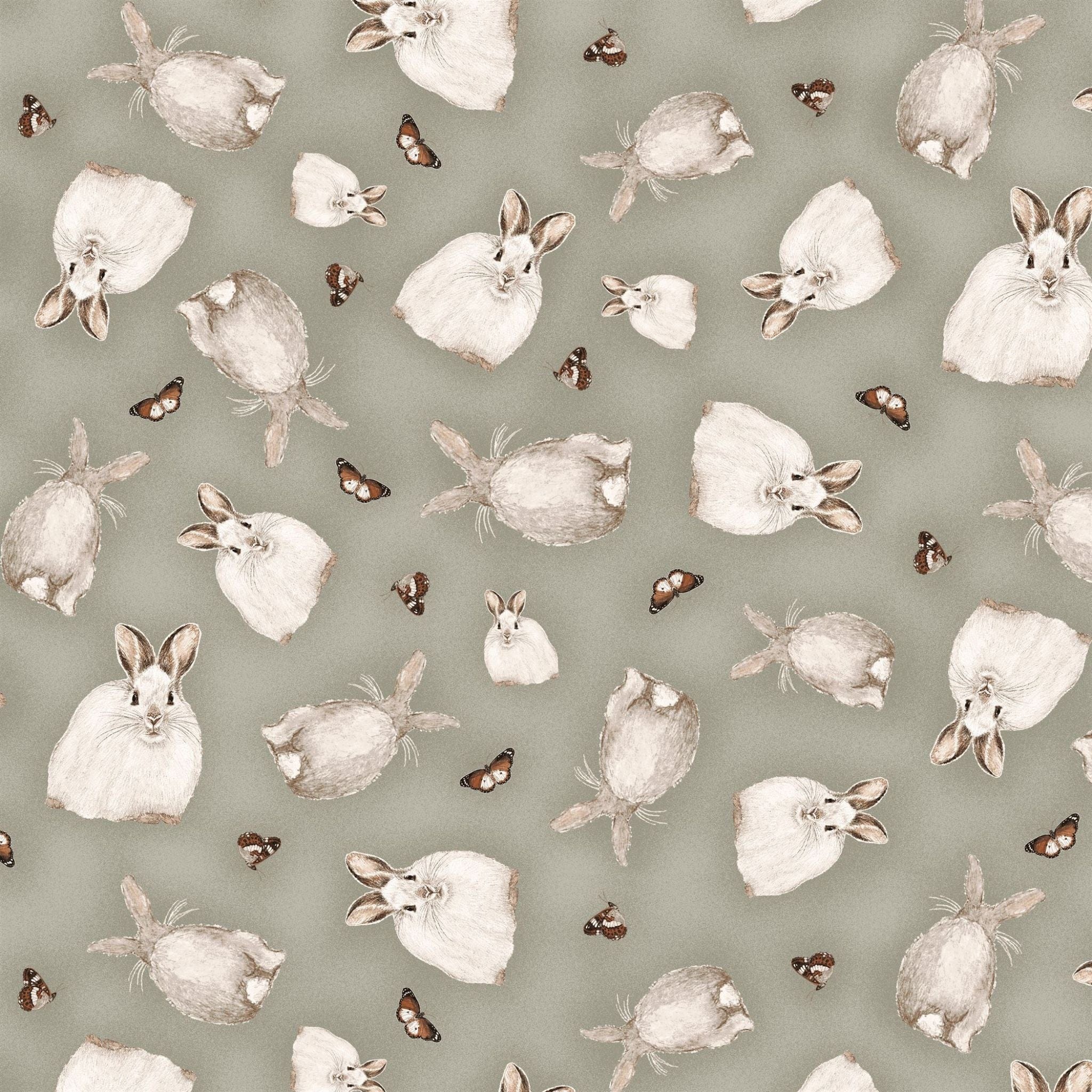 Fabric White bunny rabbits on grey cotton - Henry Glass