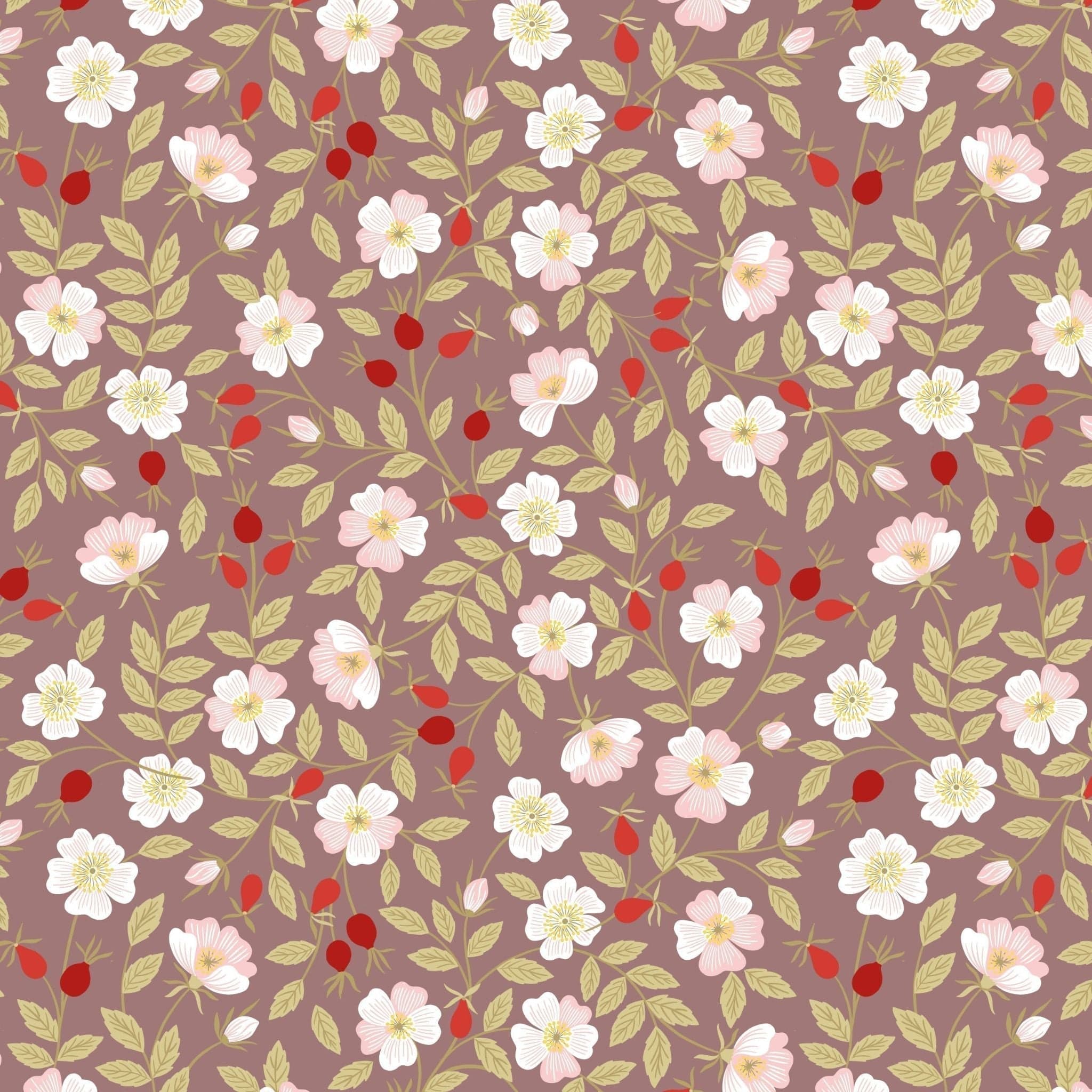 Fabric White dog roses on brown cotton - Evergreen - Lewis & Irene