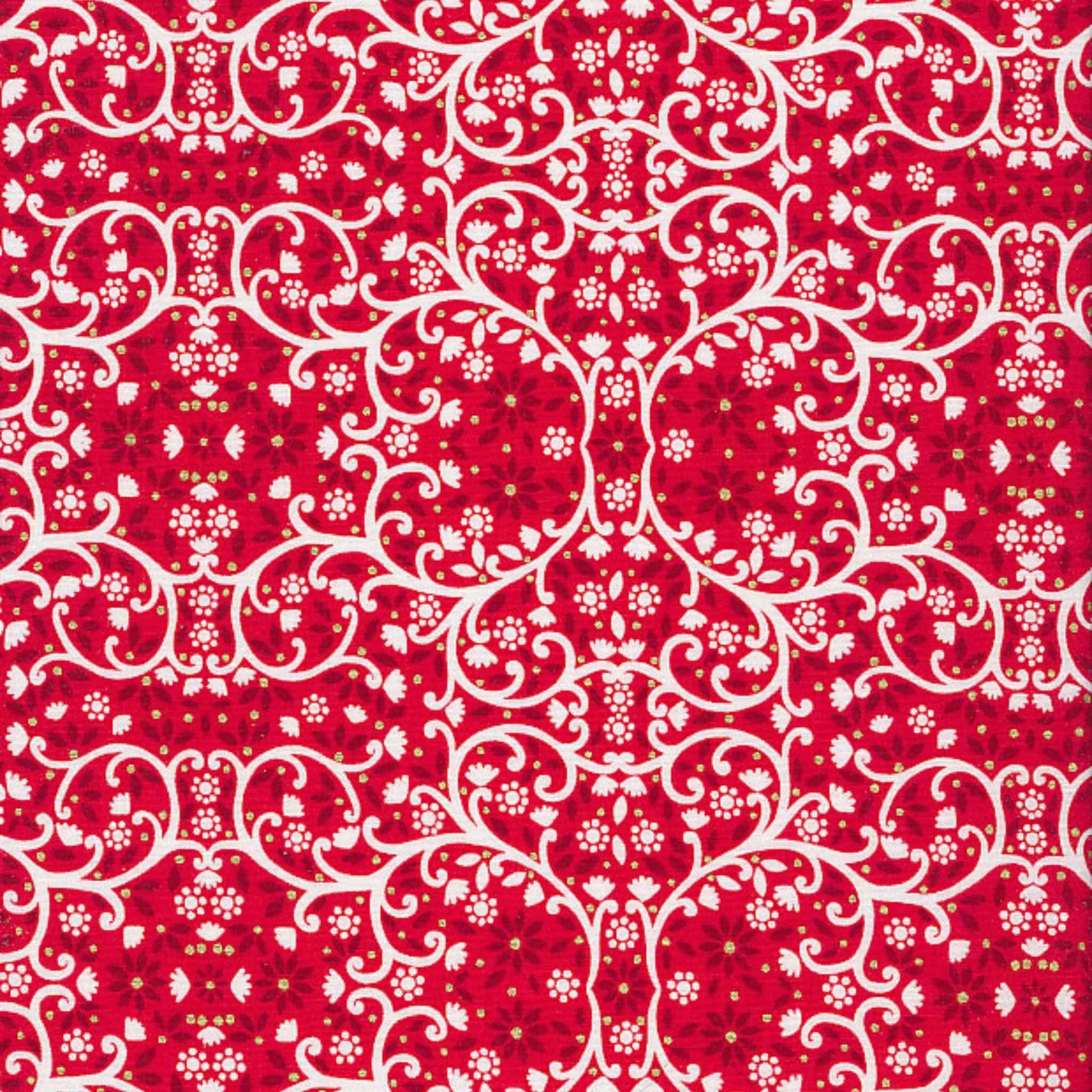 Fabric White winter vines on red cotton fabric with metallic - Starlit Hollow - Dashwood Studio