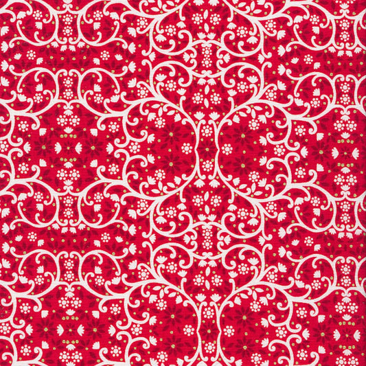 Fabric White winter vines on red cotton fabric with metallic - Starlit Hollow - Dashwood Studio