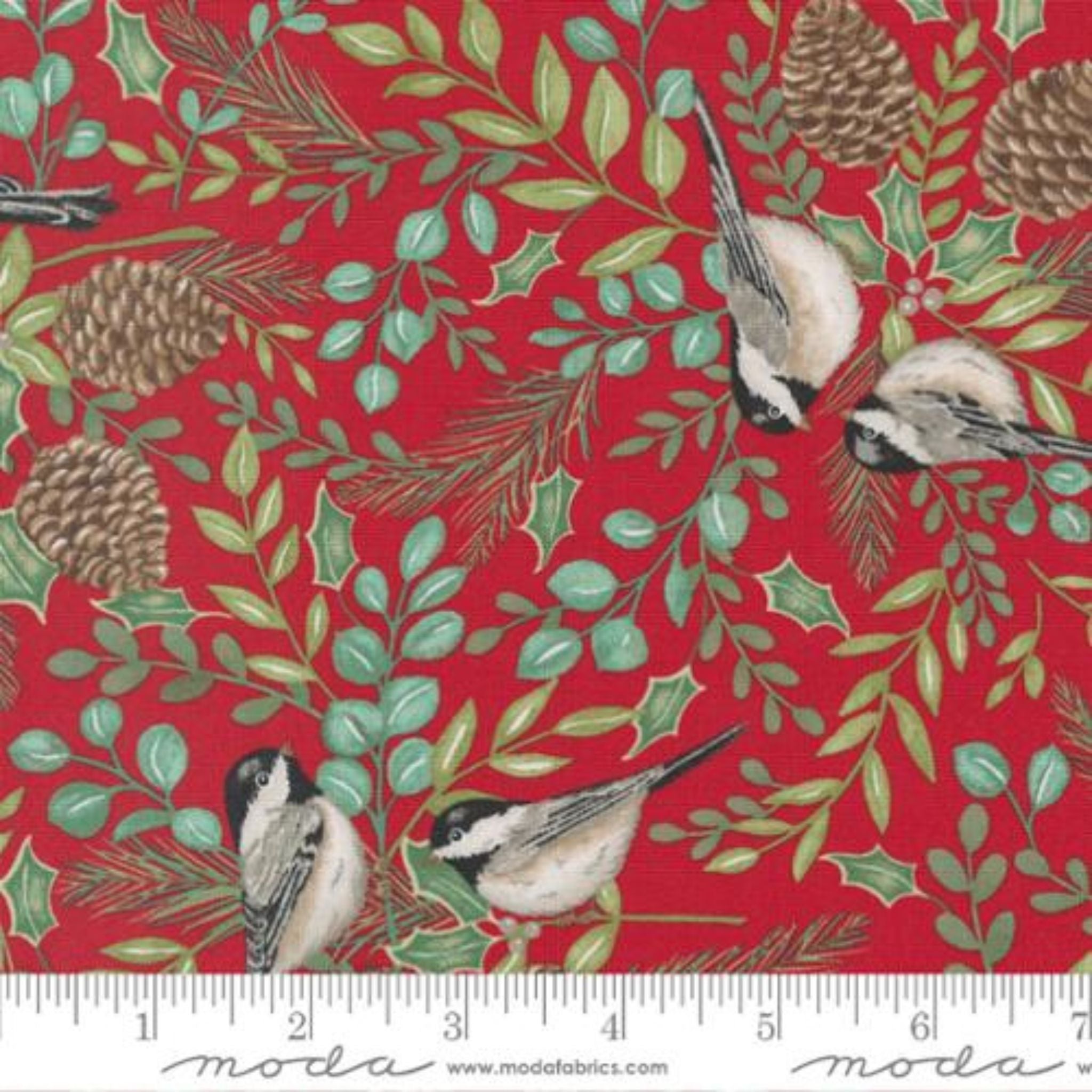 Coaltits on Christmas red cotton fabric - Holidays at Home by Moda