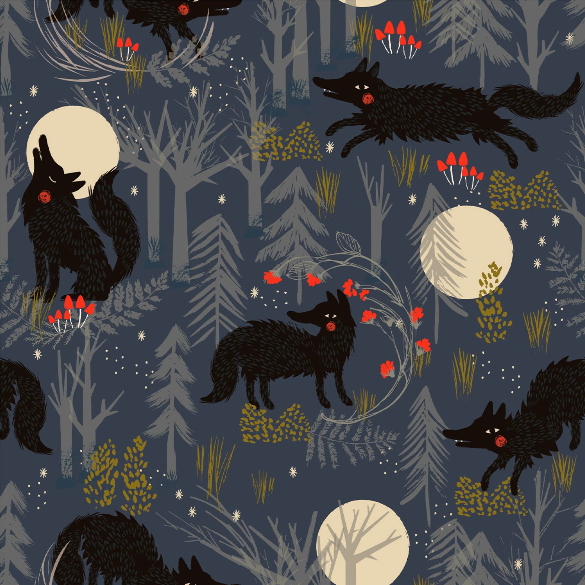 wolves howling at the moon on black cotton - Forest Whispers by Dashwood Studio
