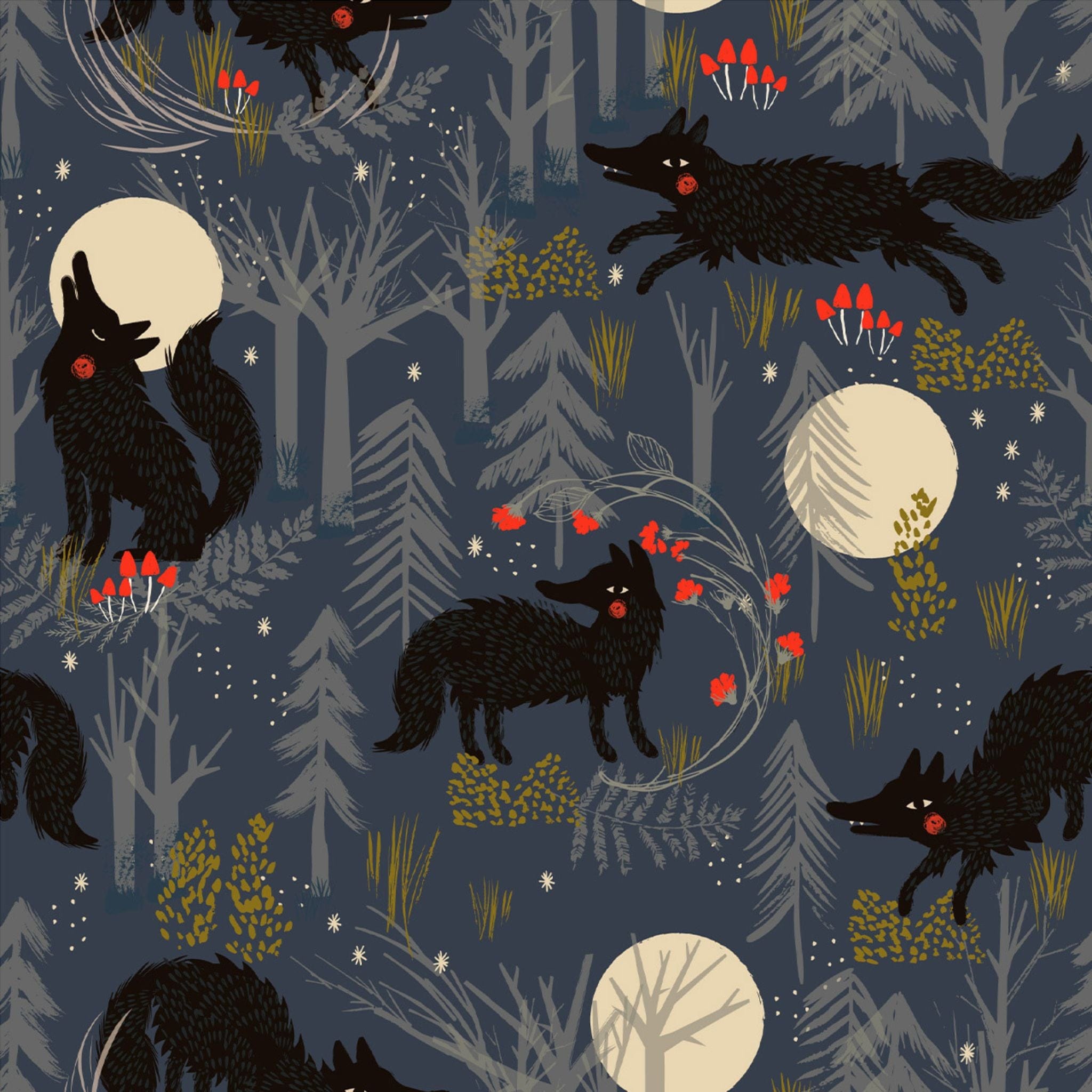 fabric Wolves on grey cotton - Forest Whispers - Dashwood Studio