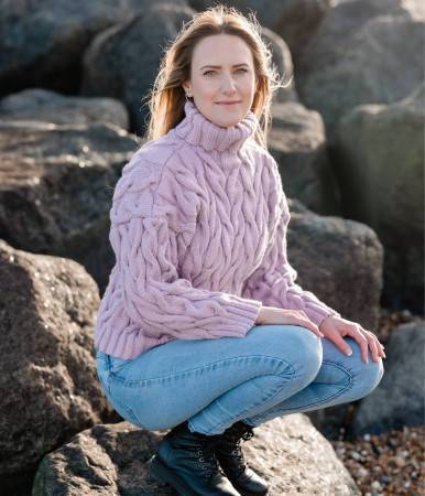 Women's Cable Roll Neck Sweater knitting pattern in DK - Emu 1011