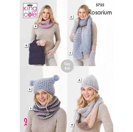 Women's Hats, Snood, Wristwarmers, Scarf, Bag and Loop knitting pattern mega chunky - King Cole 5755