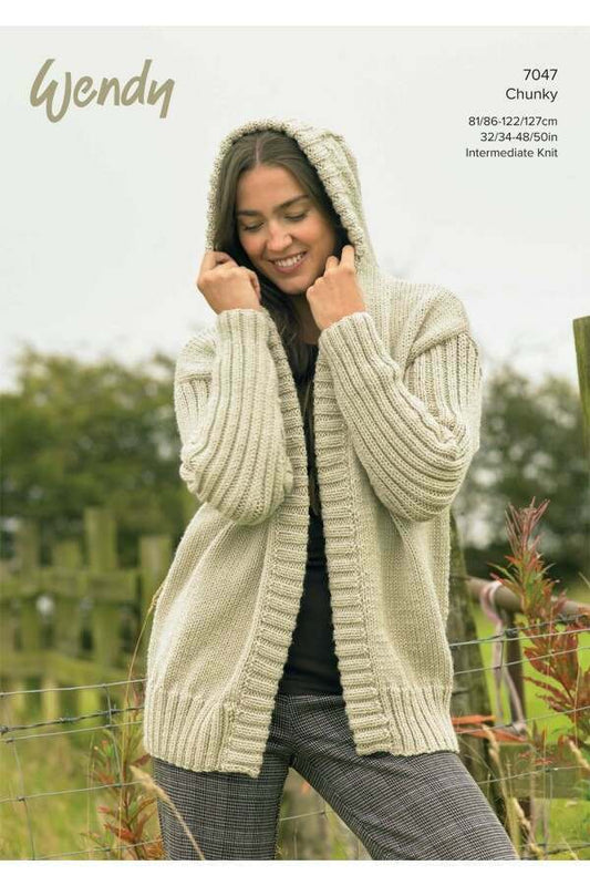 Women's Hooded Cardigan knitting pattern chunky - Wendy 7047