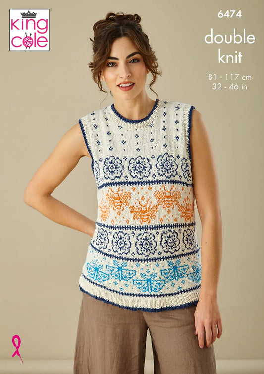 Women's Tank Top and Waistcoat knitting pattern in DK - King Cole 6474