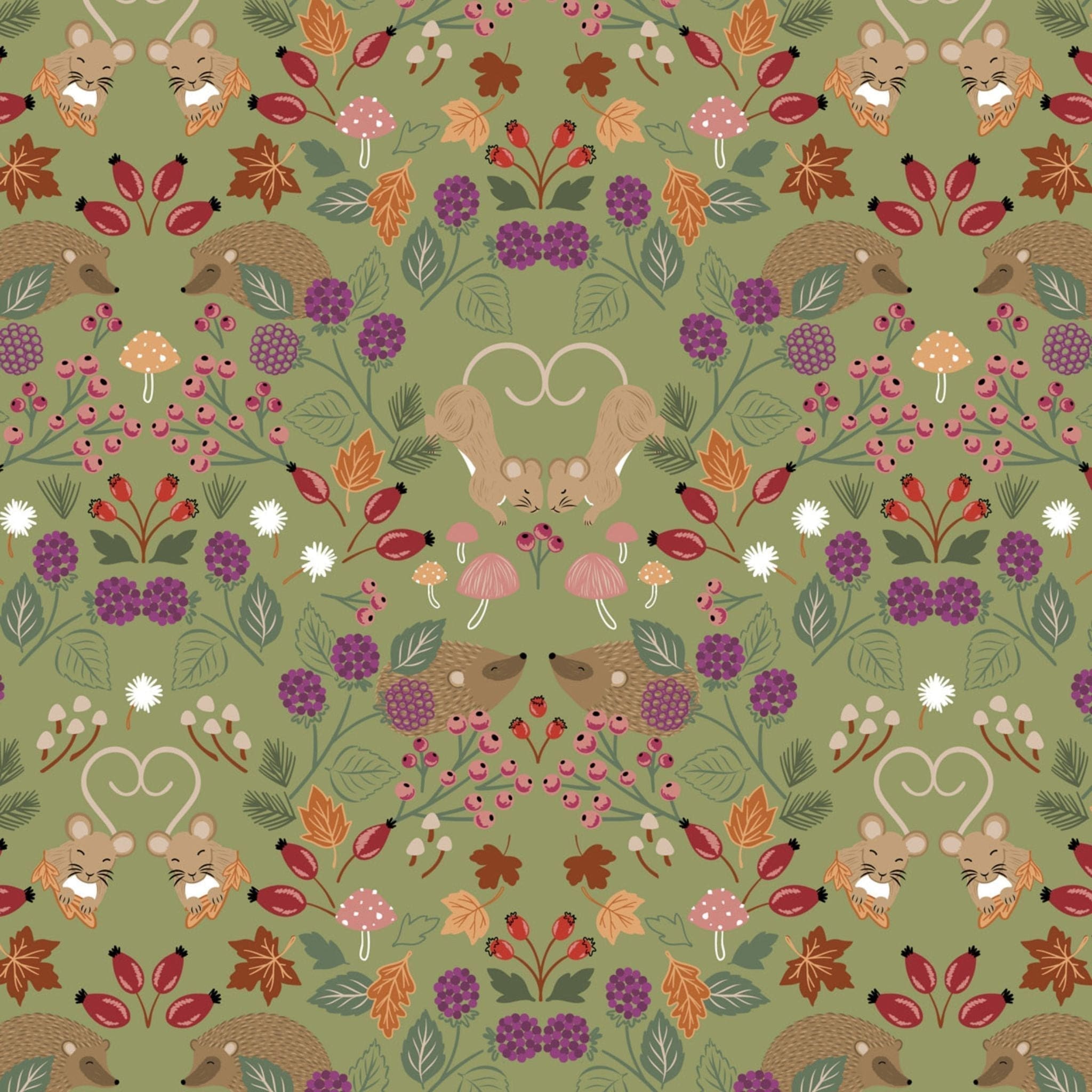 Fabric Woodland harvest on purple cotton fabric - squirrelled away - Lewis & Irene