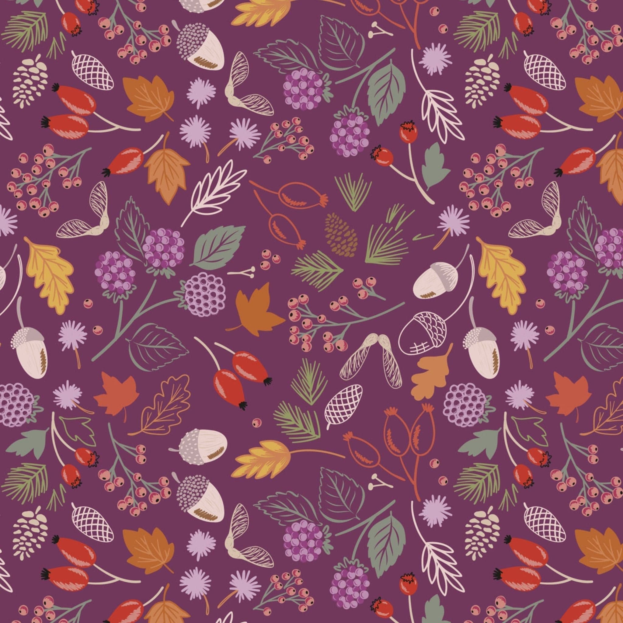 Fabric Woodland harvest on purple cotton fabric - squirrelled away - Lewis & Irene