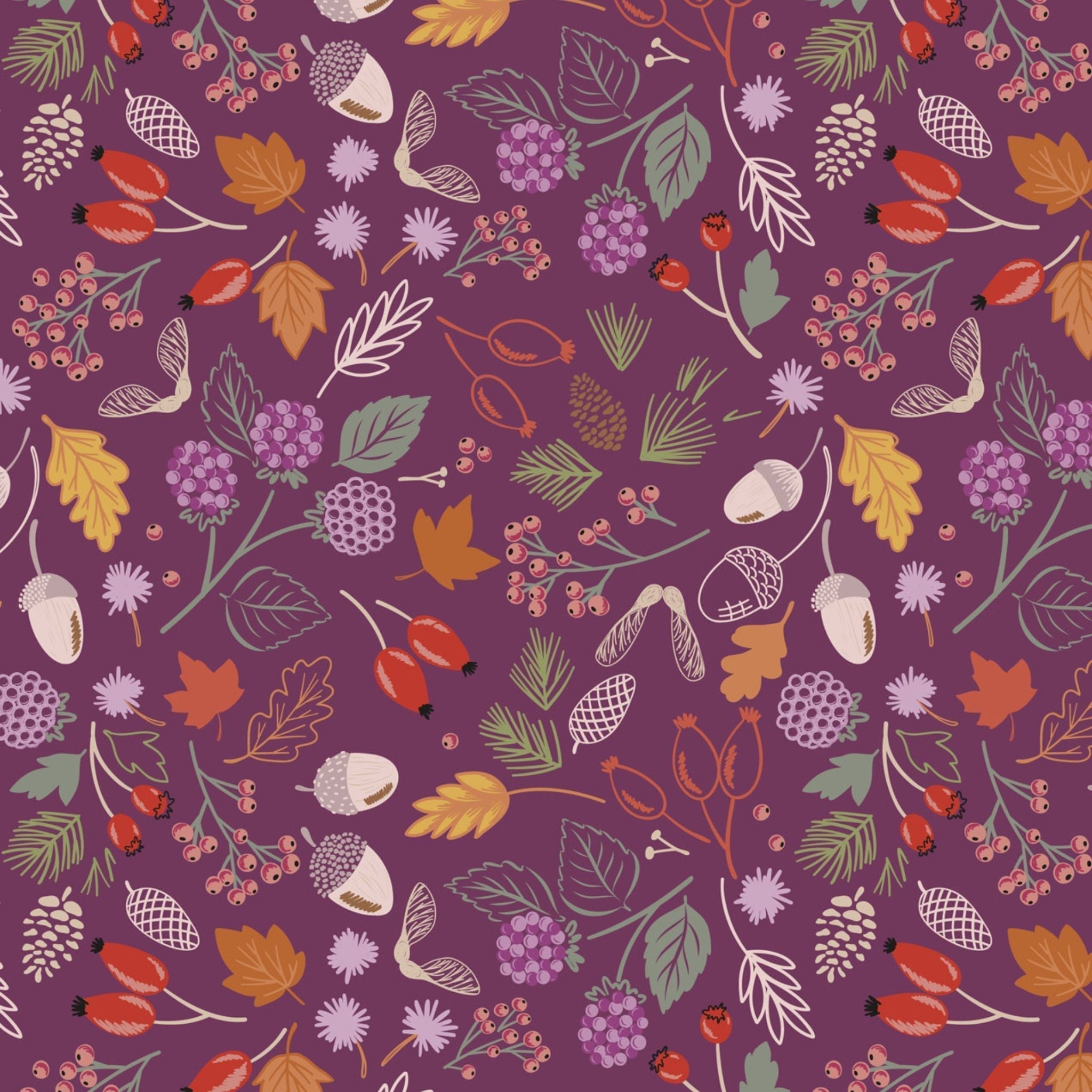Woodland foliage with berries on purple cotton fabric - Squirrelled Away by Lewis and Irene