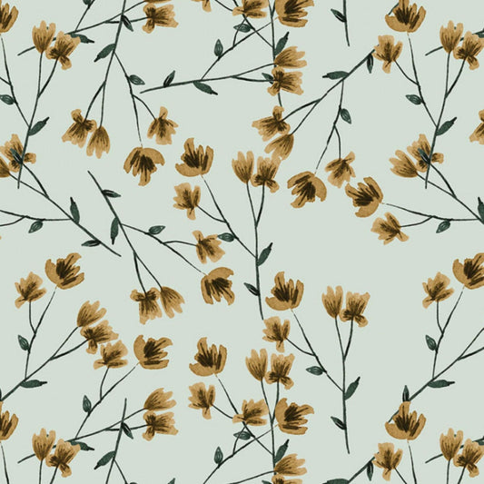 Fabric Yellow flowers on green/blue wide cotton fabric - FabricArt