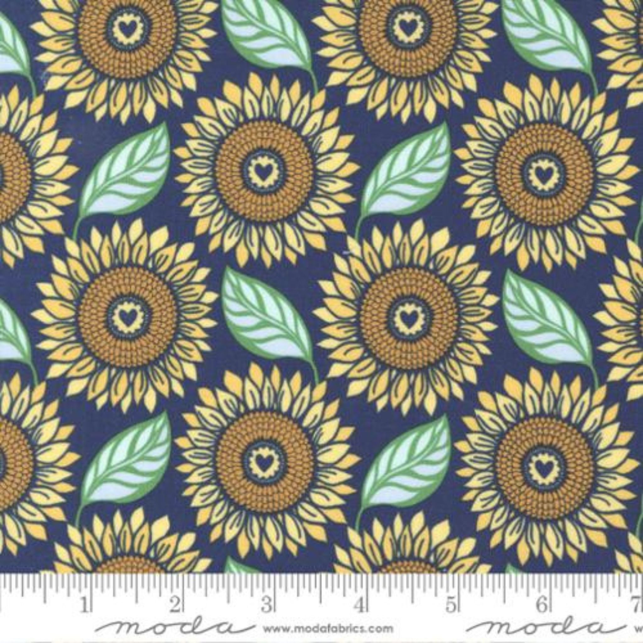 Large yellow sunflowers on a navy cotton fabric - Sunflowers in my Heart - Moda