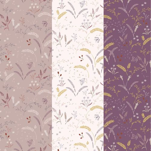 Butterflies and grassfield on purple cotton fabric - Meadowside by Lewis & Irene