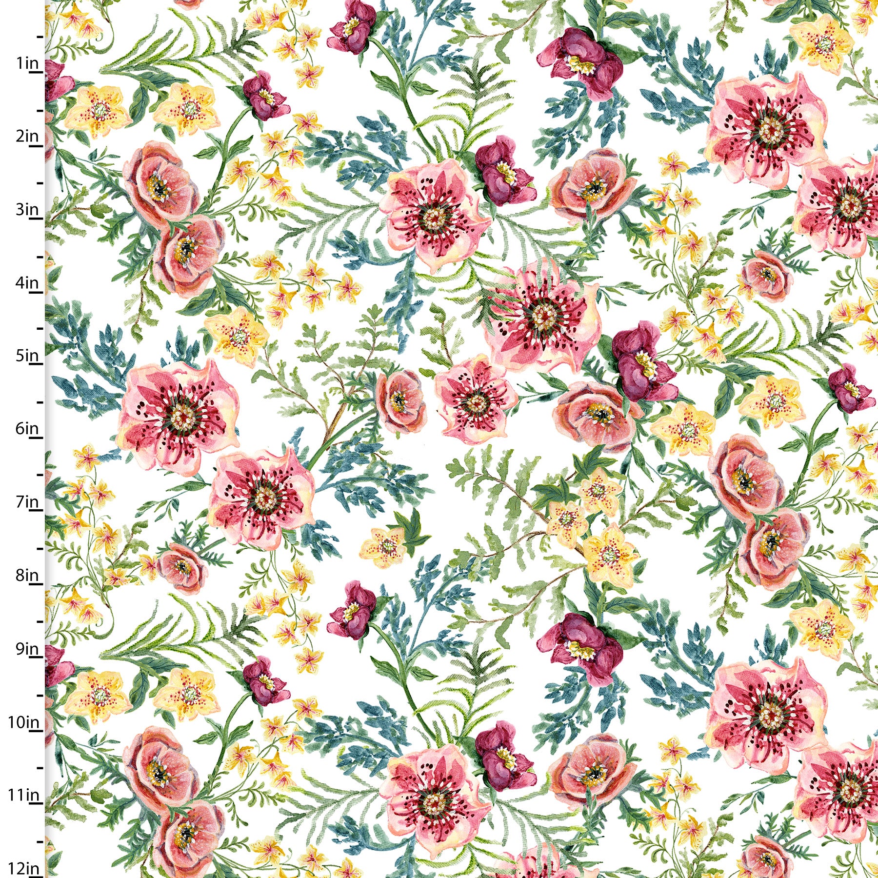 White cotton fabric with pink and yellow flowers by 3 Wises