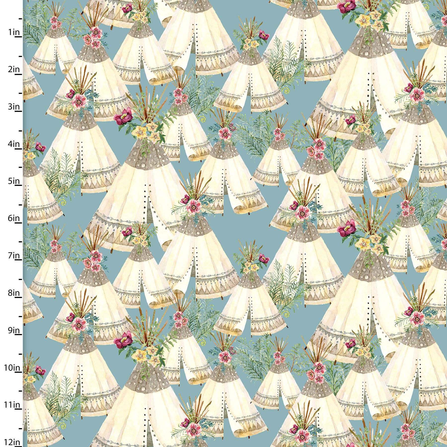 Tepees with gorgeous flowers sticking out of the top on a mid blue cotton fabric - 3 Wishes