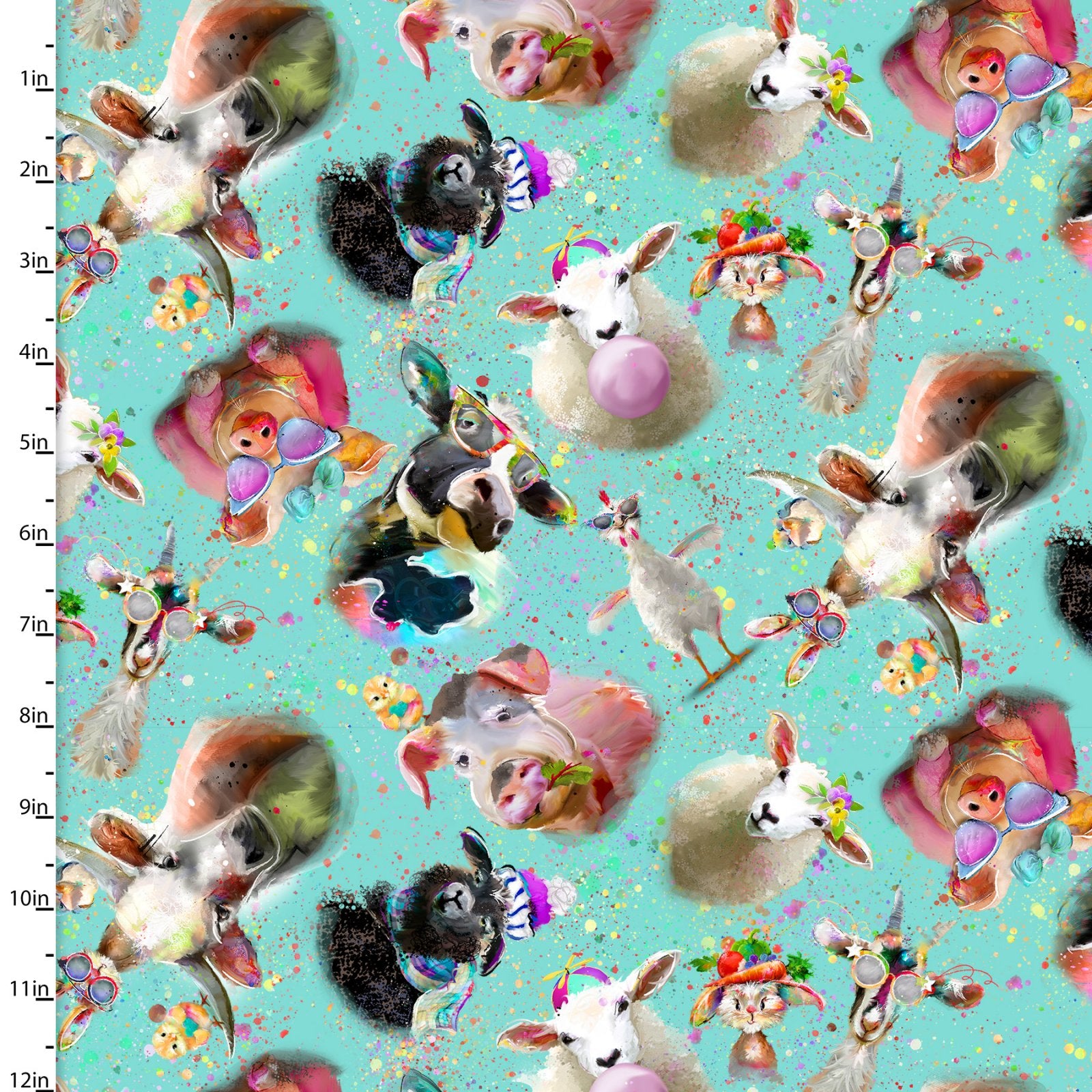 Turquoise Funny Farm Animals cotton fabric - 3 Wishes